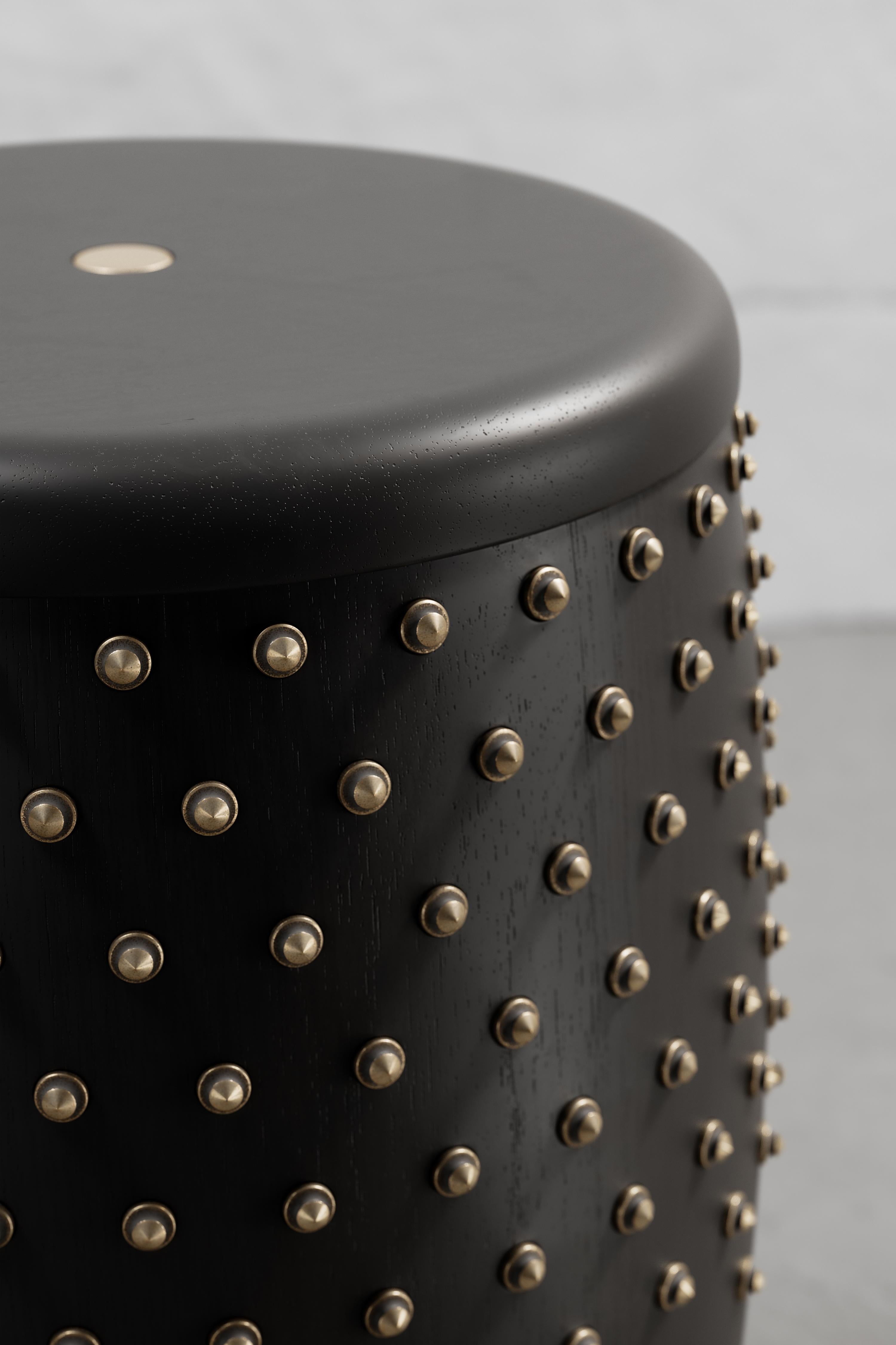 Ecuadorean SITIERA_01 Solid Wood Stool, with Aged Bronze Accents by ANDEAN, In Stock For Sale
