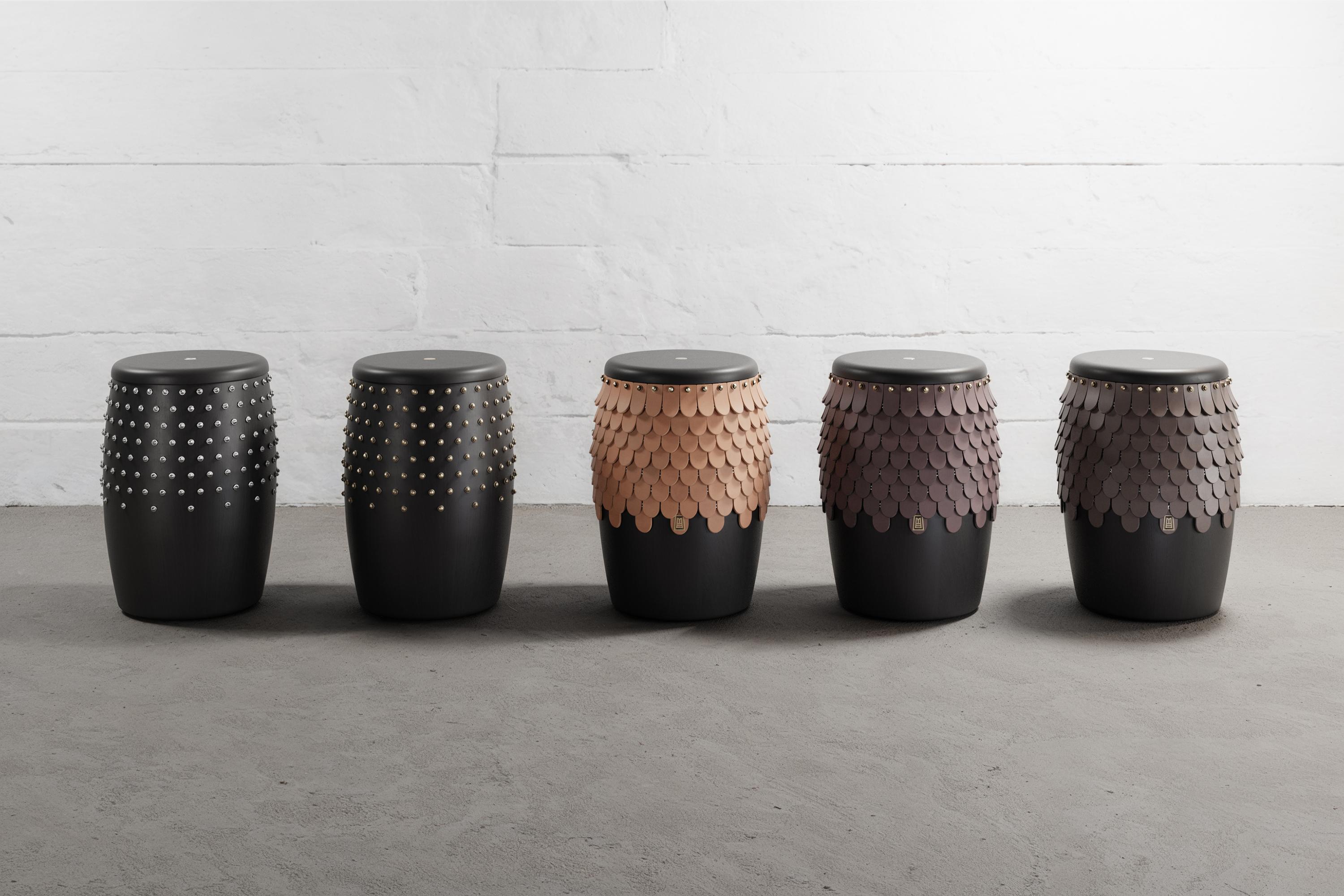 Hand-Crafted SITIERA_01 Solid Wood Stool, with Aged Bronze Accents by ANDEAN, In Stock For Sale