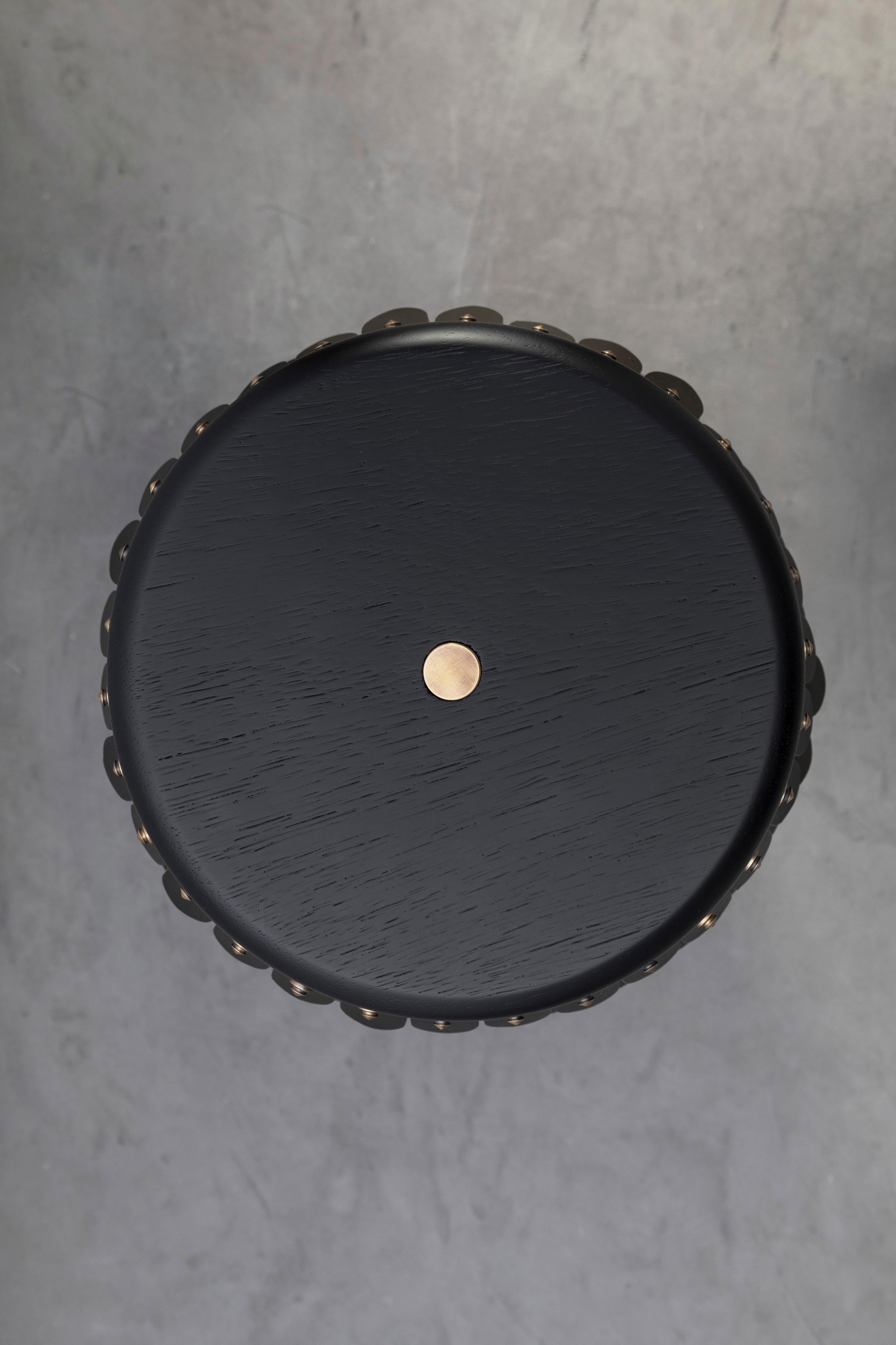 SITIERA_01 Solid Wood Stool, with Aged Bronze Accents by ANDEAN, In Stock For Sale 1