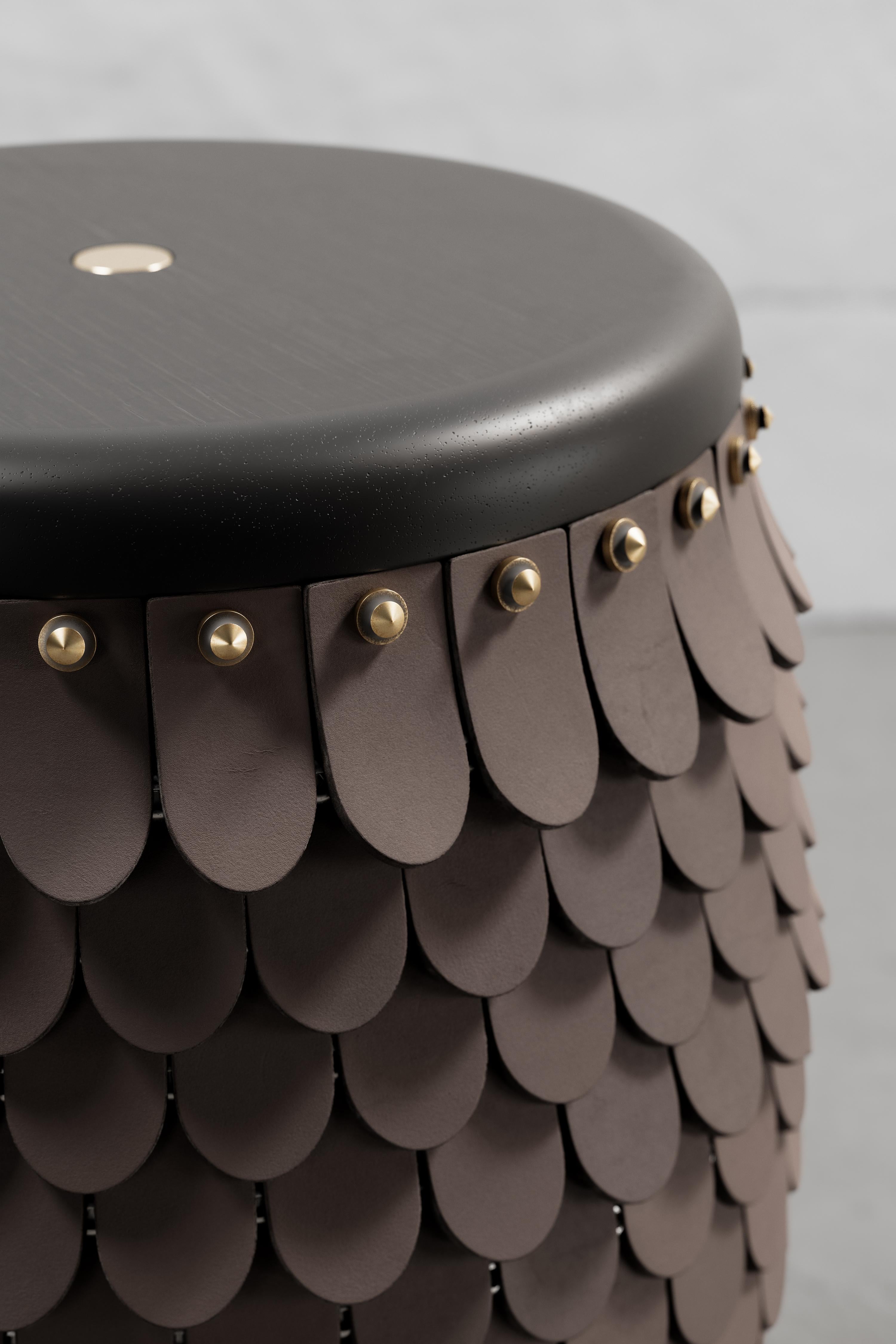 Ecuadorean SITIERA_01 Solid Wood Stool, with Brown Thick Leather Accents, and Aged Bronze For Sale