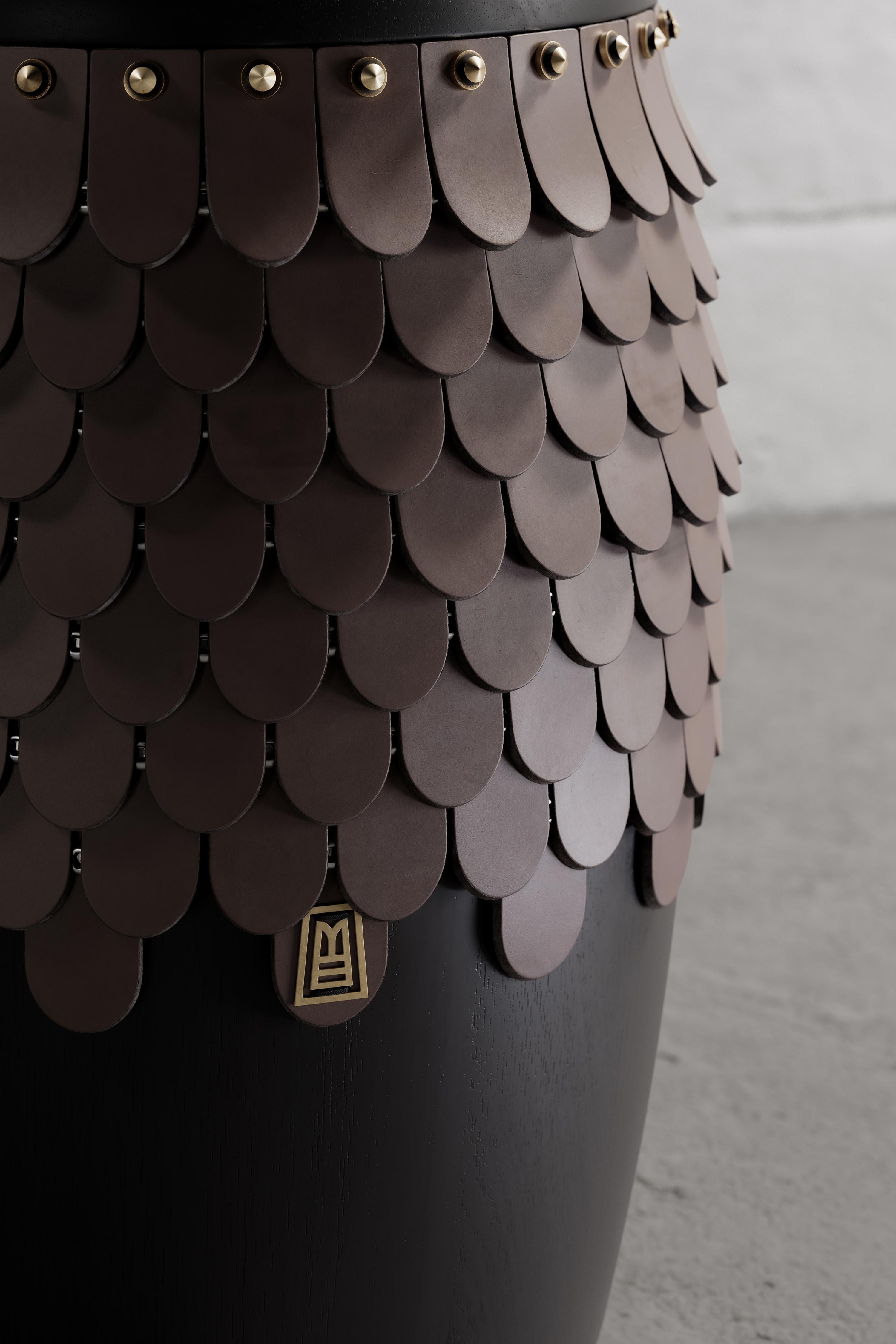 Contemporary SITIERA_01 Solid Wood Stool, with Brown Thick Leather Accents, and Aged Bronze For Sale