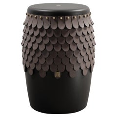 SITIERA_01 Solid Wood Stool, with Brown Thick Leather Accents, and Aged Bronze