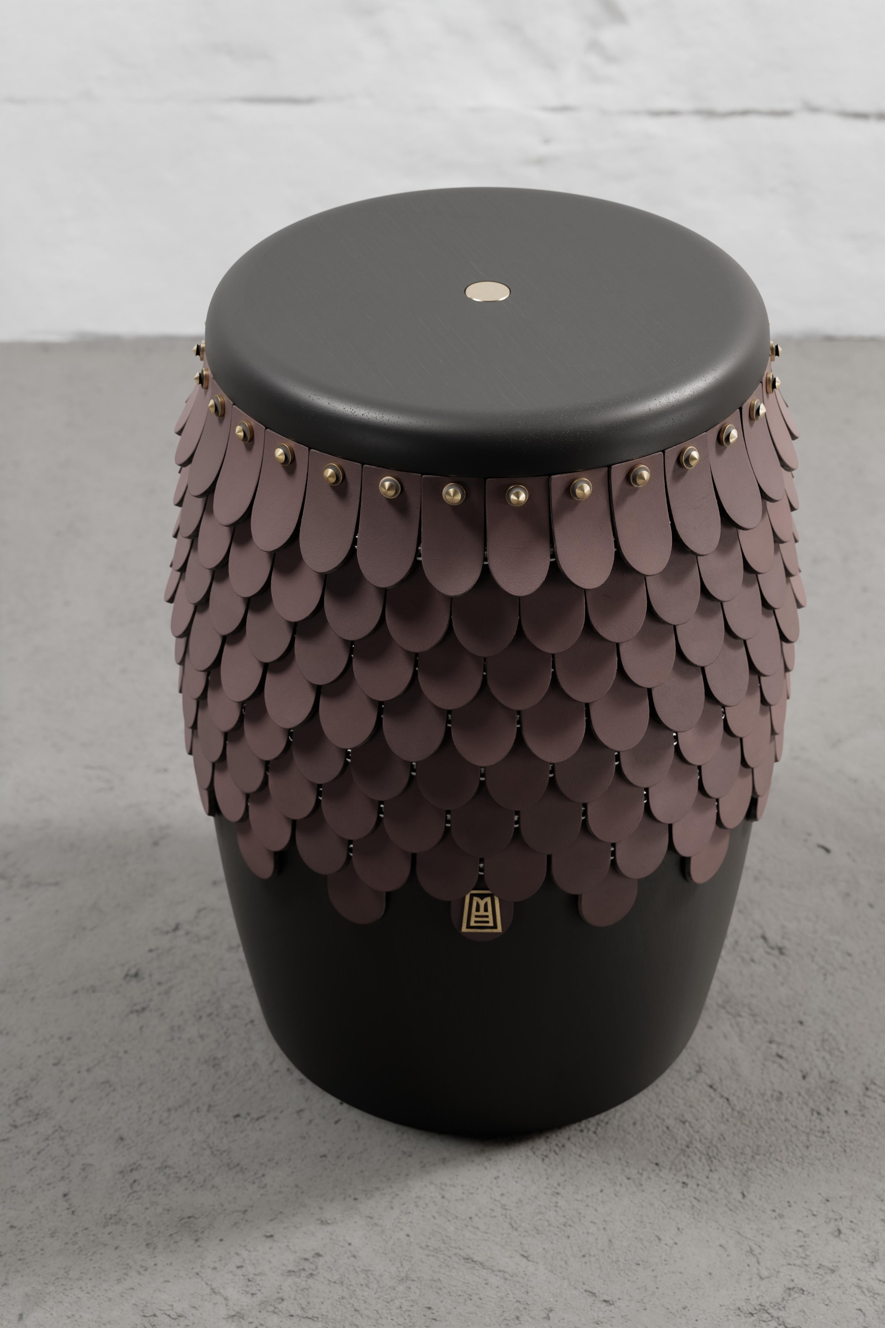 Modern SITIERA_01 Solid Wood Stool, with Cognac Thick Leather Accents, and Aged Bronze For Sale