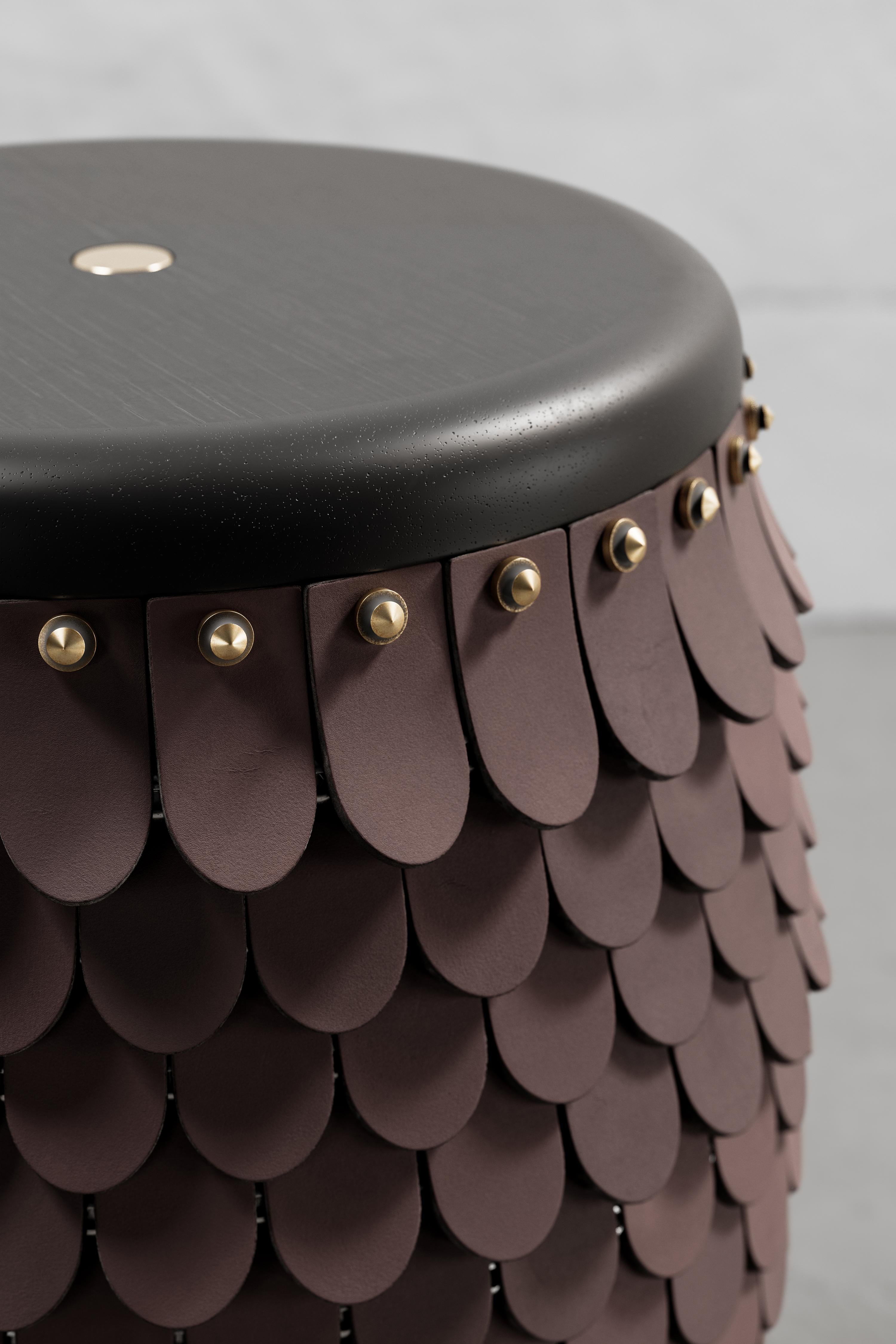 Ecuadorean SITIERA_01 Solid Wood Stool, with Cognac Thick Leather Accents, and Aged Bronze For Sale