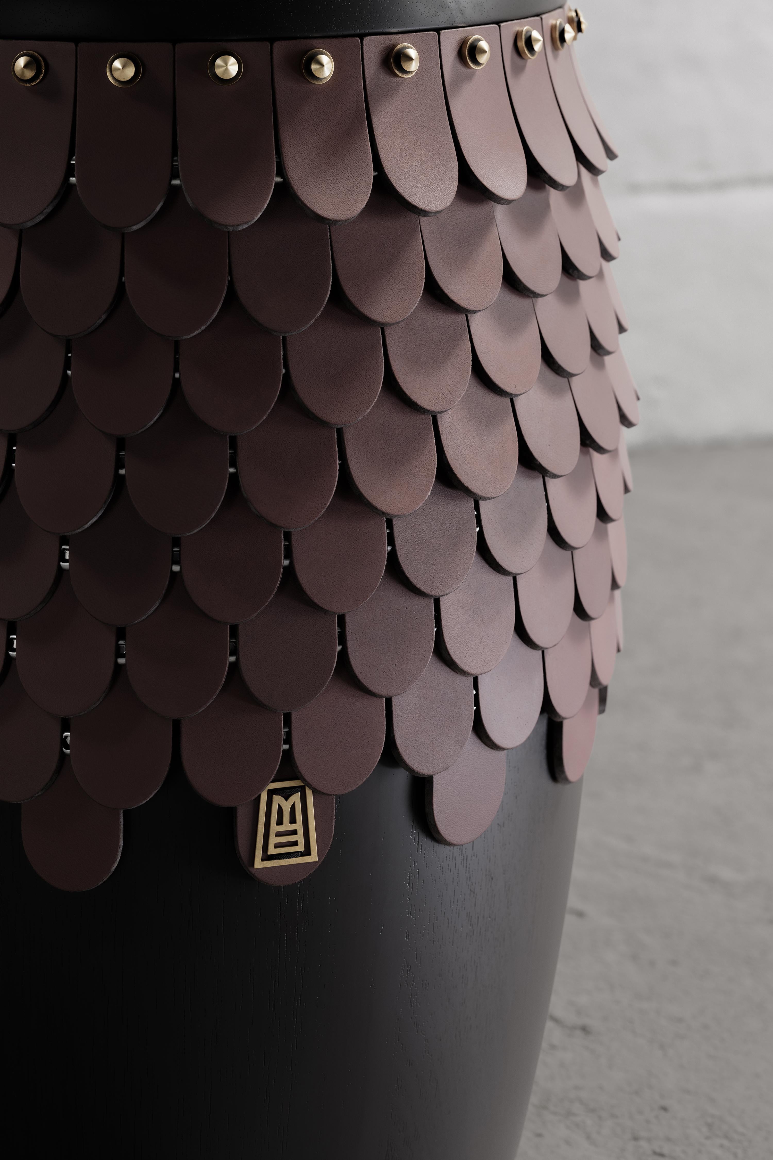 Contemporary SITIERA_01 Solid Wood Stool, with Cognac Thick Leather Accents, and Aged Bronze For Sale