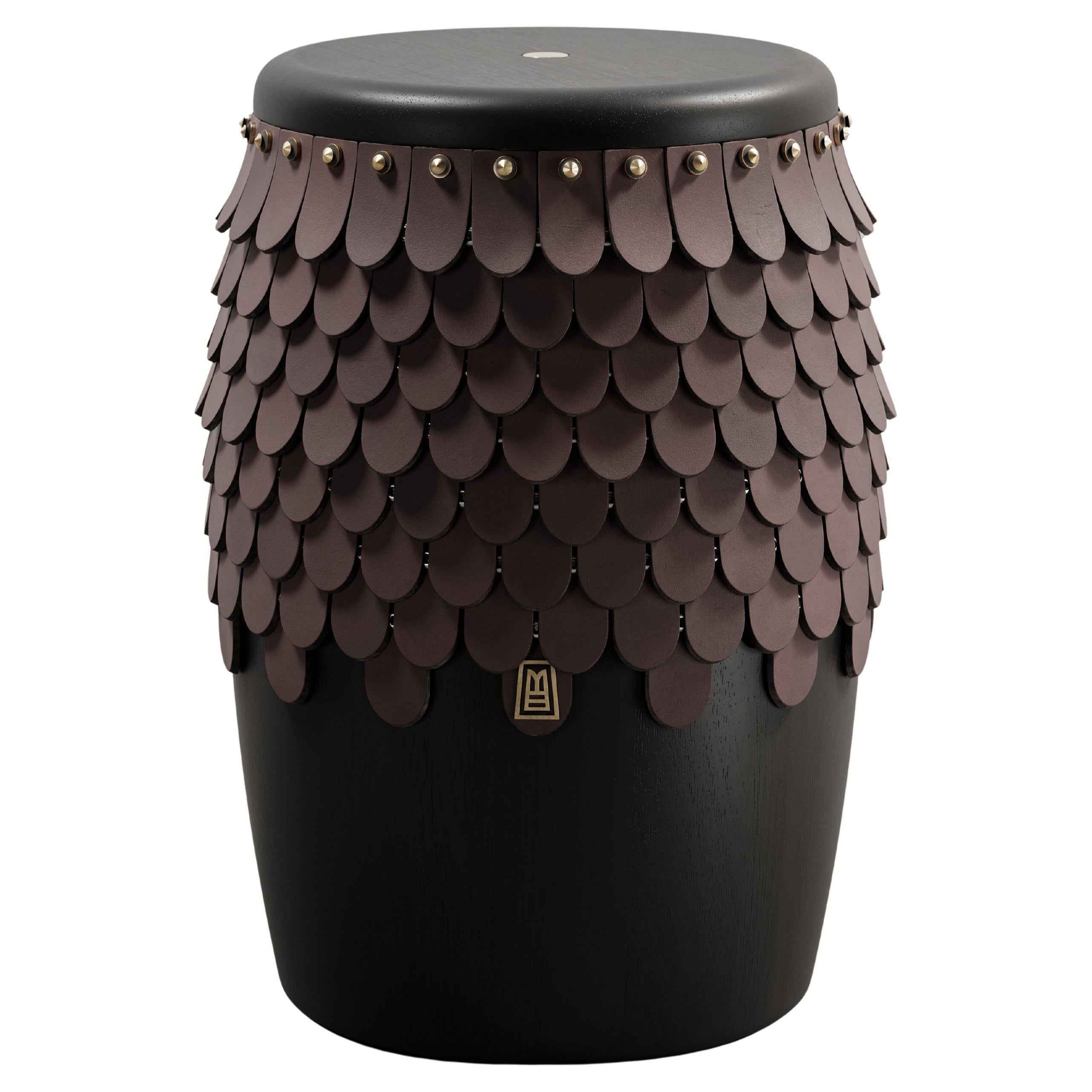 SITIERA_01 Solid Wood Stool, with Cognac Thick Leather Accents, and Aged Bronze
