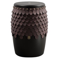 SITIERA_01 Solid Wood Stool, with Cognac Thick Leather Accents, and Aged Bronze