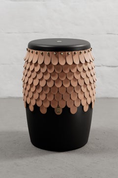 SITIERA_01 Solid Wood Stool, with Natural Thick Leather Accents, and Aged Bronze