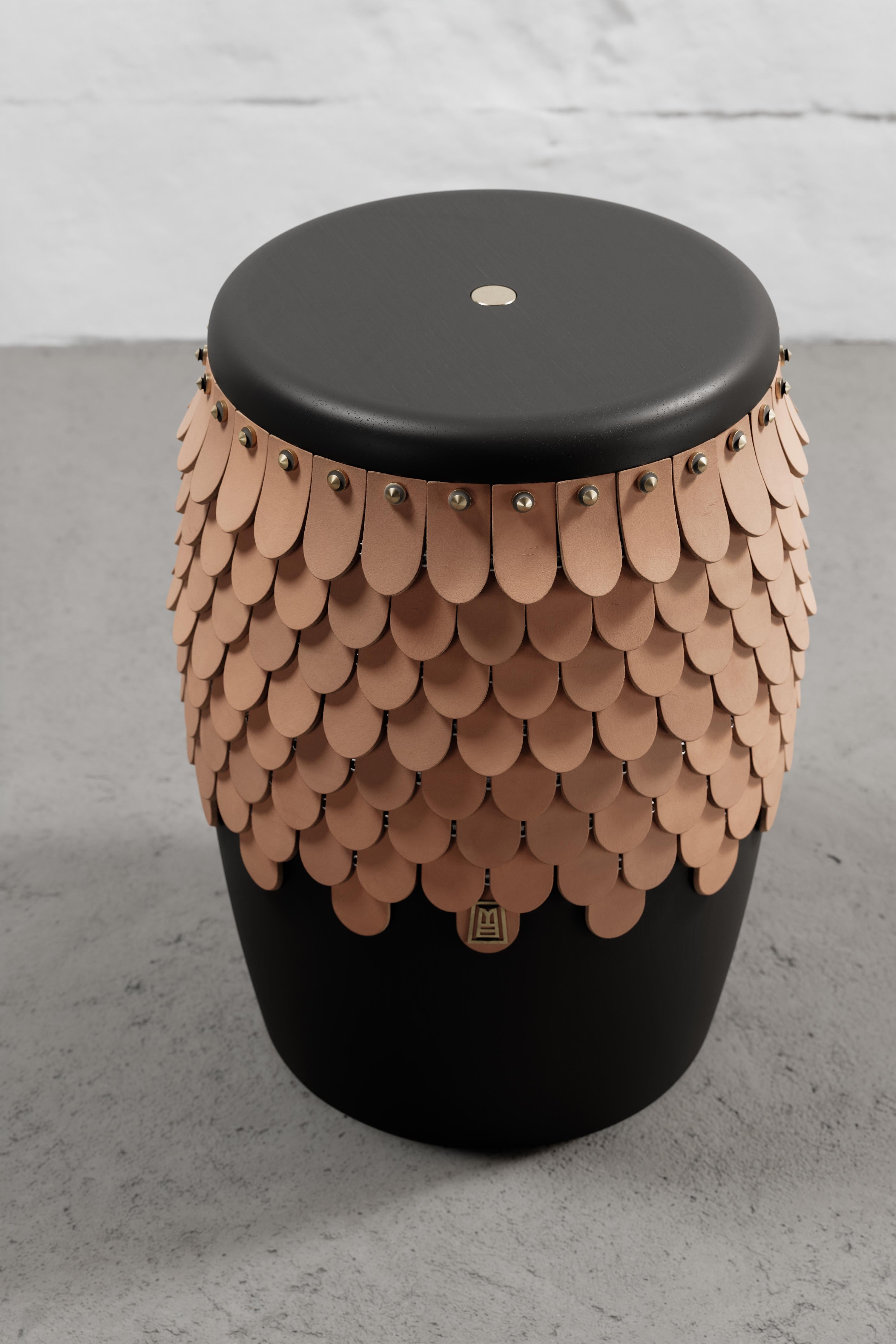 Modern SITIERA_01 Solid Wood Stool, with Natural Thick Leather Accents, and Aged Bronze For Sale