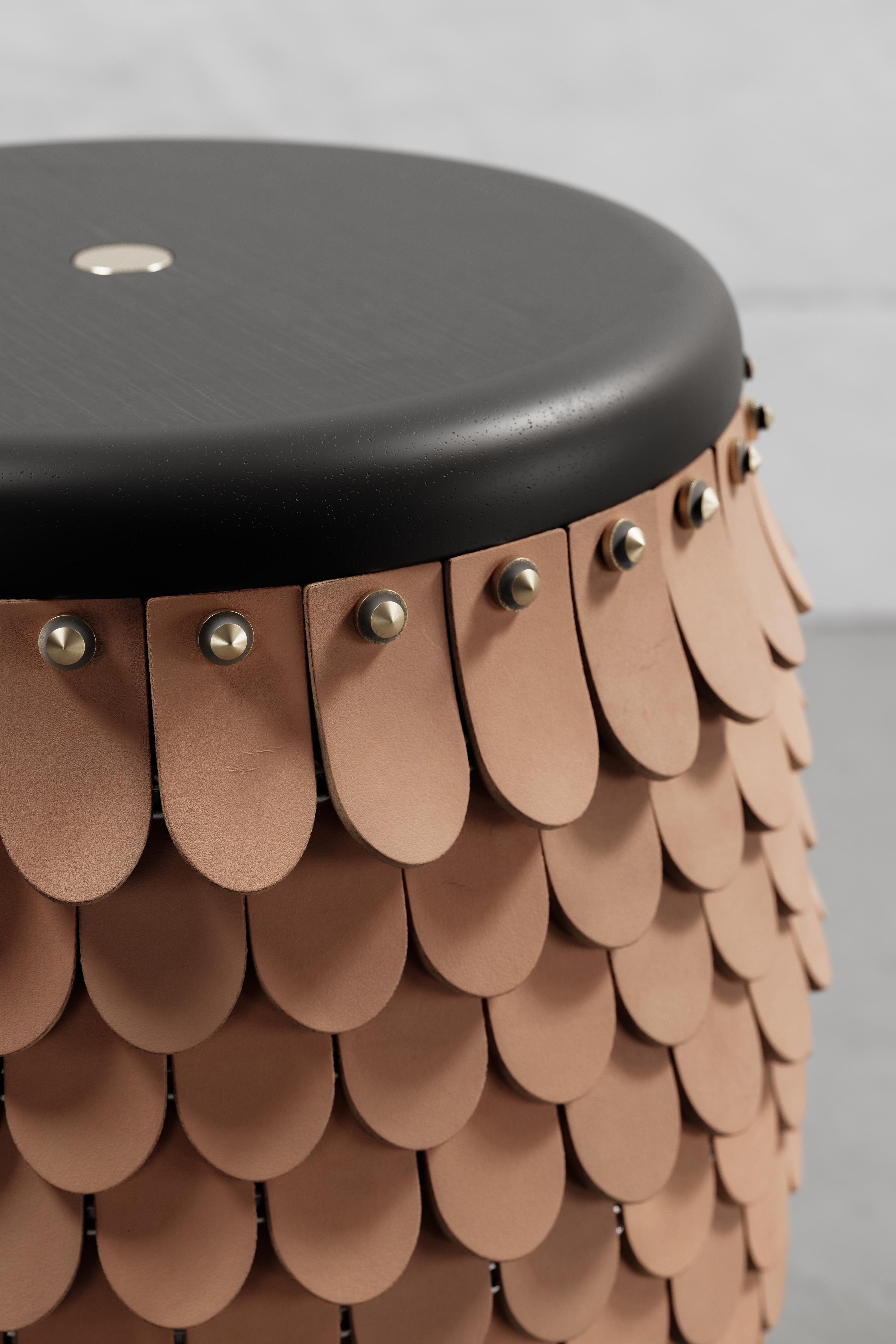 Ecuadorean SITIERA_01 Solid Wood Stool, with Natural Thick Leather Accents, and Aged Bronze For Sale