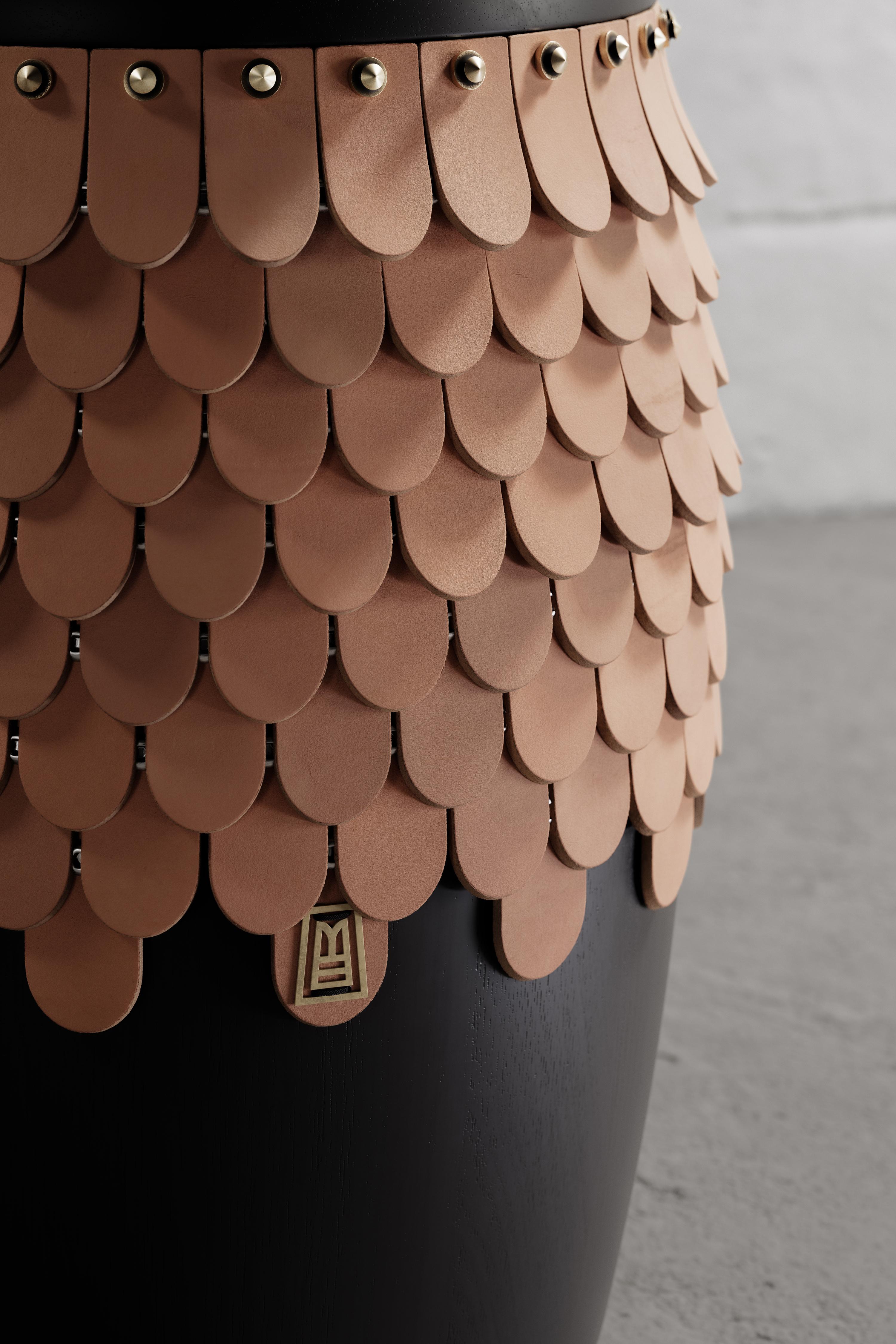 Contemporary SITIERA_01 Solid Wood Stool, with Natural Thick Leather Accents, and Aged Bronze For Sale