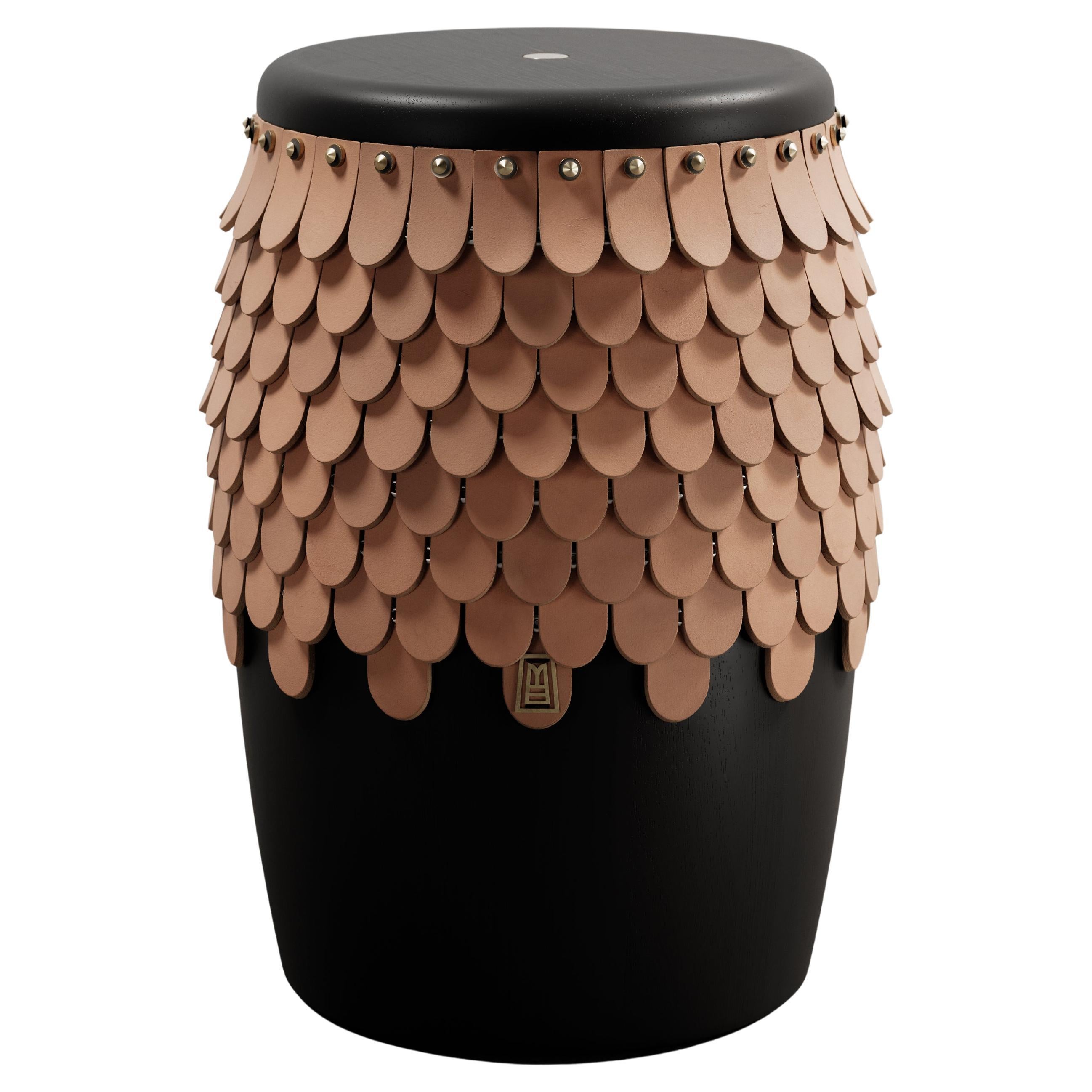 SITIERA_01 Solid Wood Stool, with Natural Thick Leather Accents, and Aged Bronze