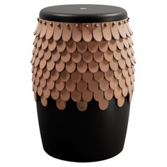 SITIERA_01 Solid Wood Stool, with Natural Thick Leather Accents, and Aged Bronze