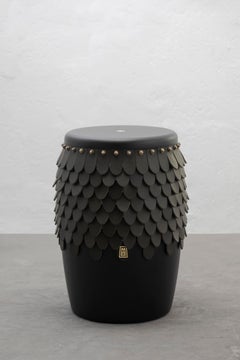 SITIERA_01 Solid Wood Stool, with Olivo Thick Leather Accents, and Aged Bronze