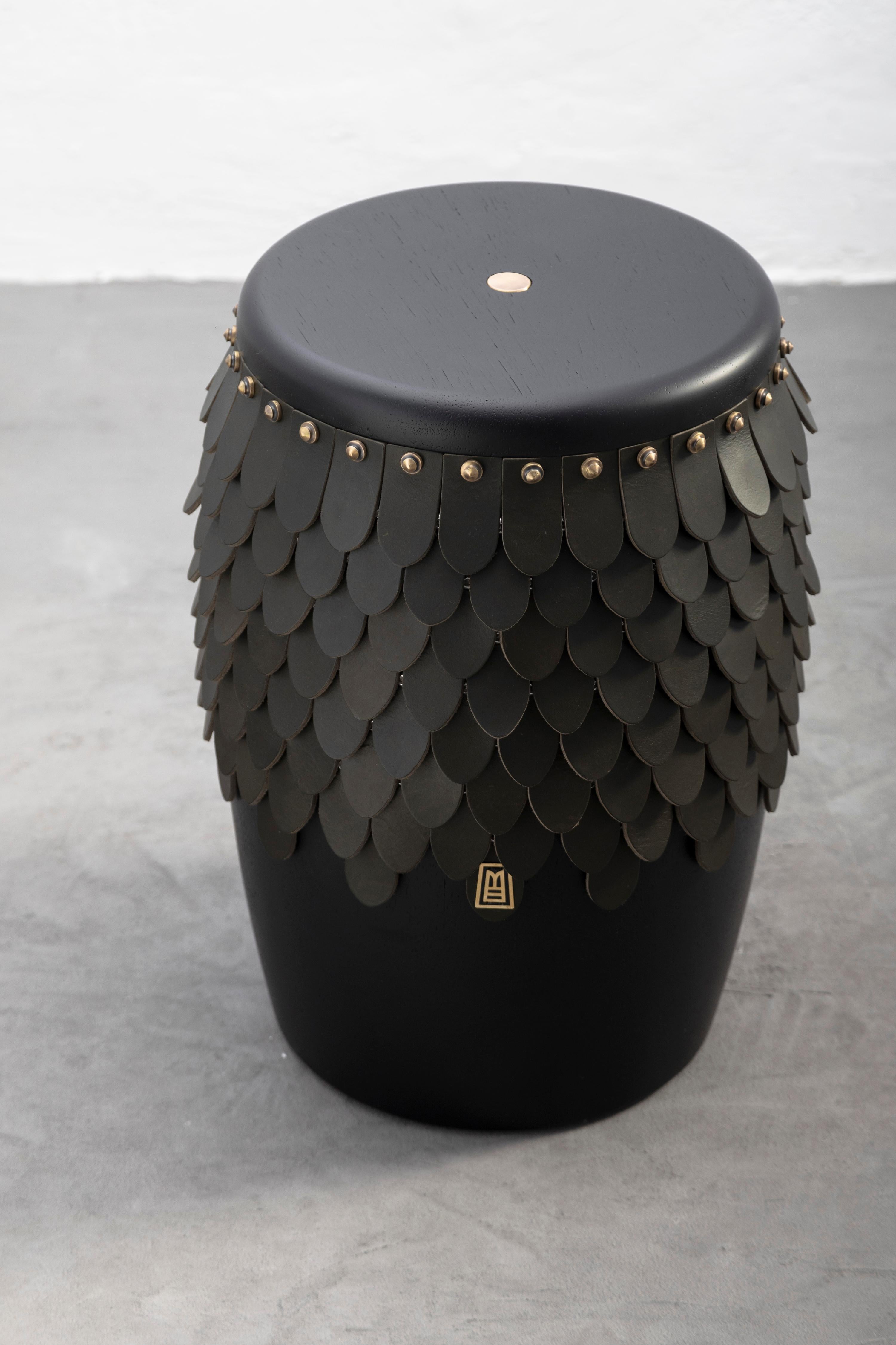 Modern SITIERA_01 Solid Wood Stool, with Olivo Thick Leather Accents, and Aged Bronze For Sale