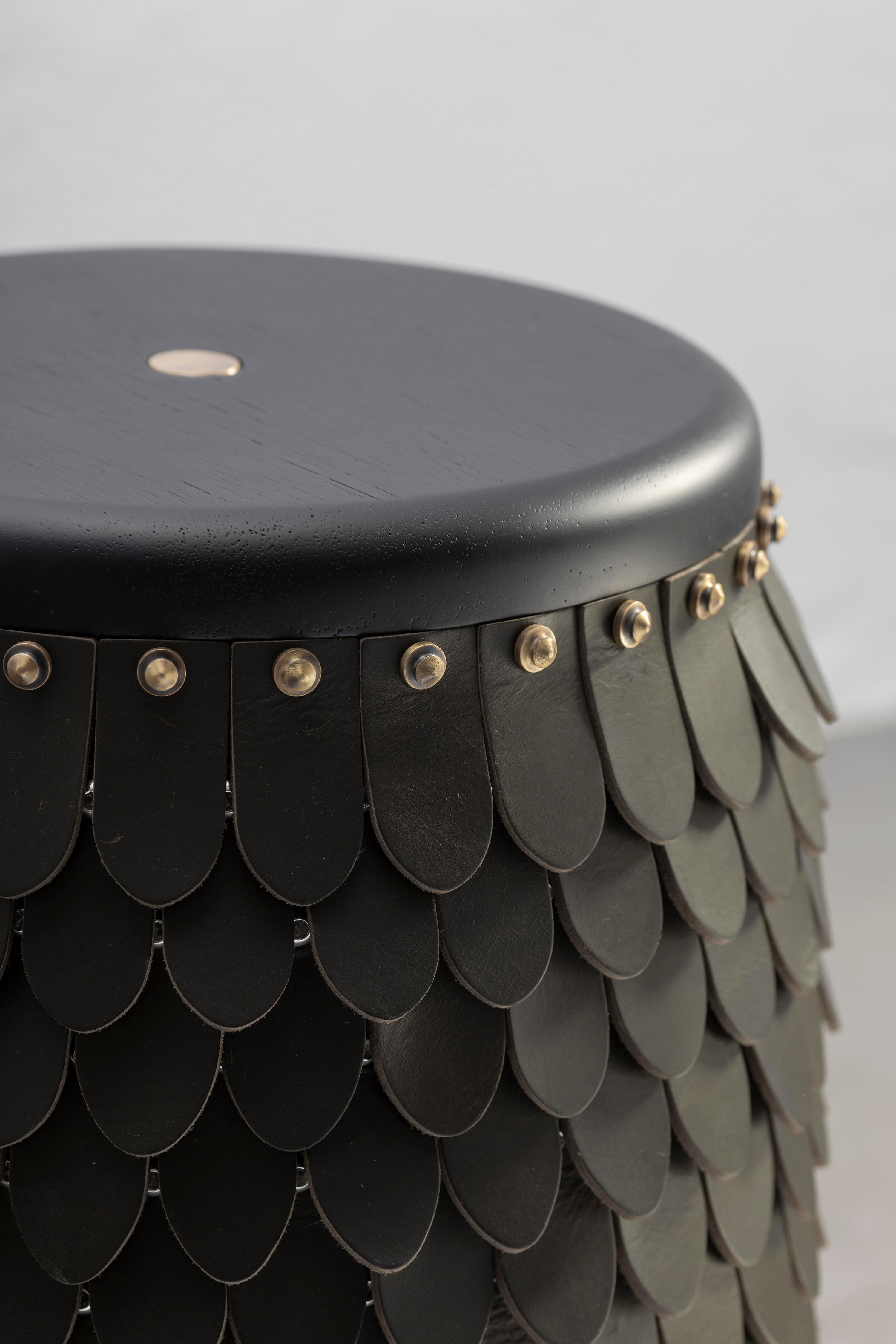 Ecuadorean SITIERA_01 Solid Wood Stool, with Olivo Thick Leather Accents, and Aged Bronze For Sale