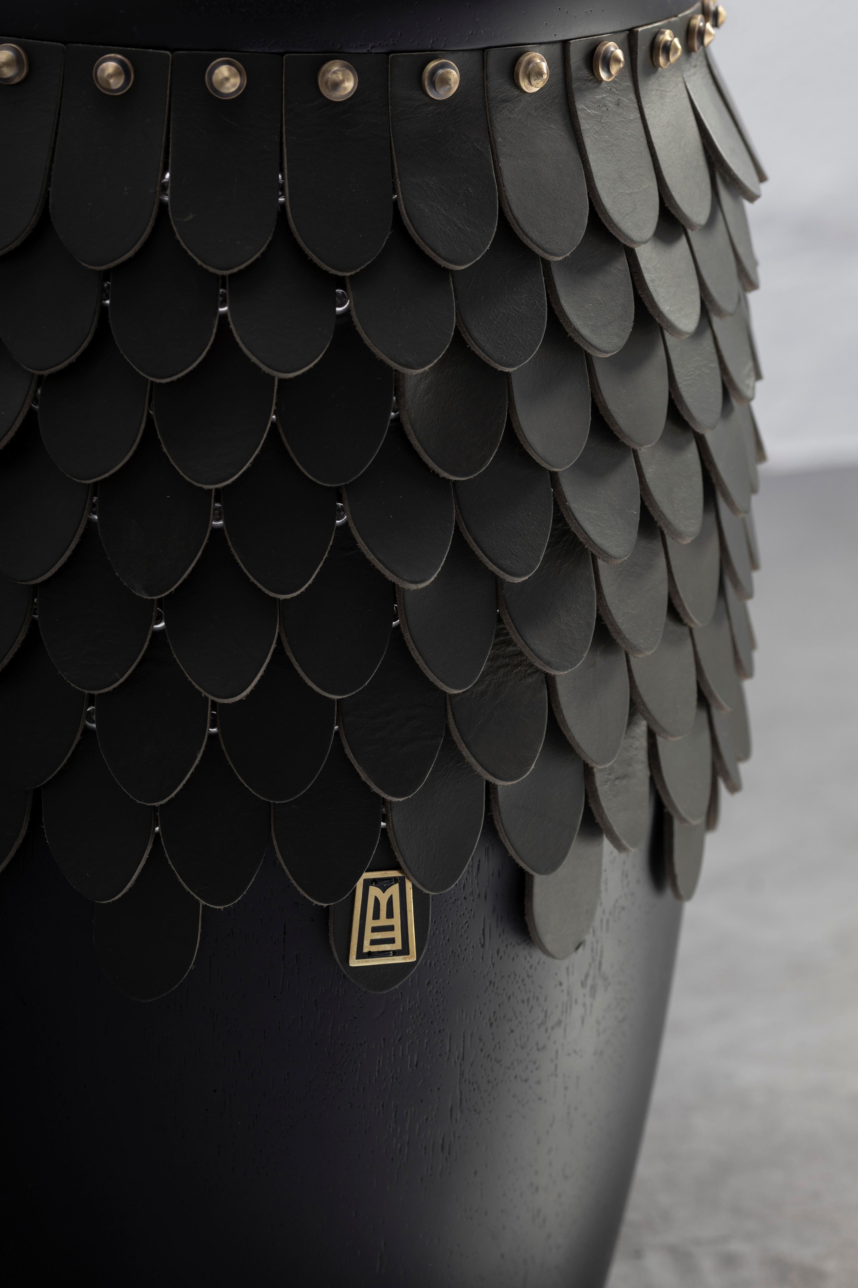 Contemporary SITIERA_01 Solid Wood Stool, with Olivo Thick Leather Accents, and Aged Bronze For Sale