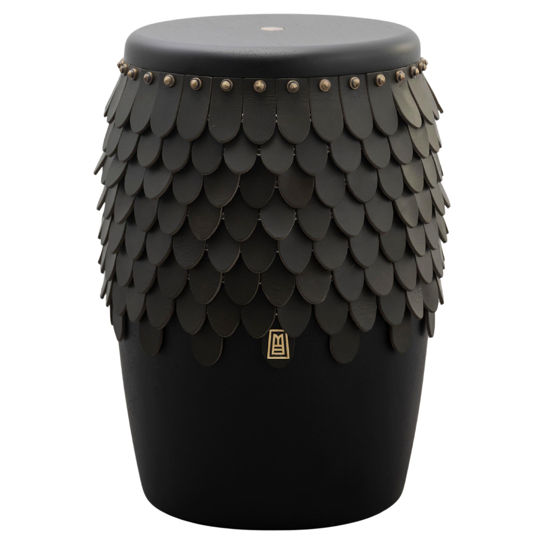 SITIERA_01 Solid Wood Stool, with Olivo Thick Leather Accents, and Aged Bronze