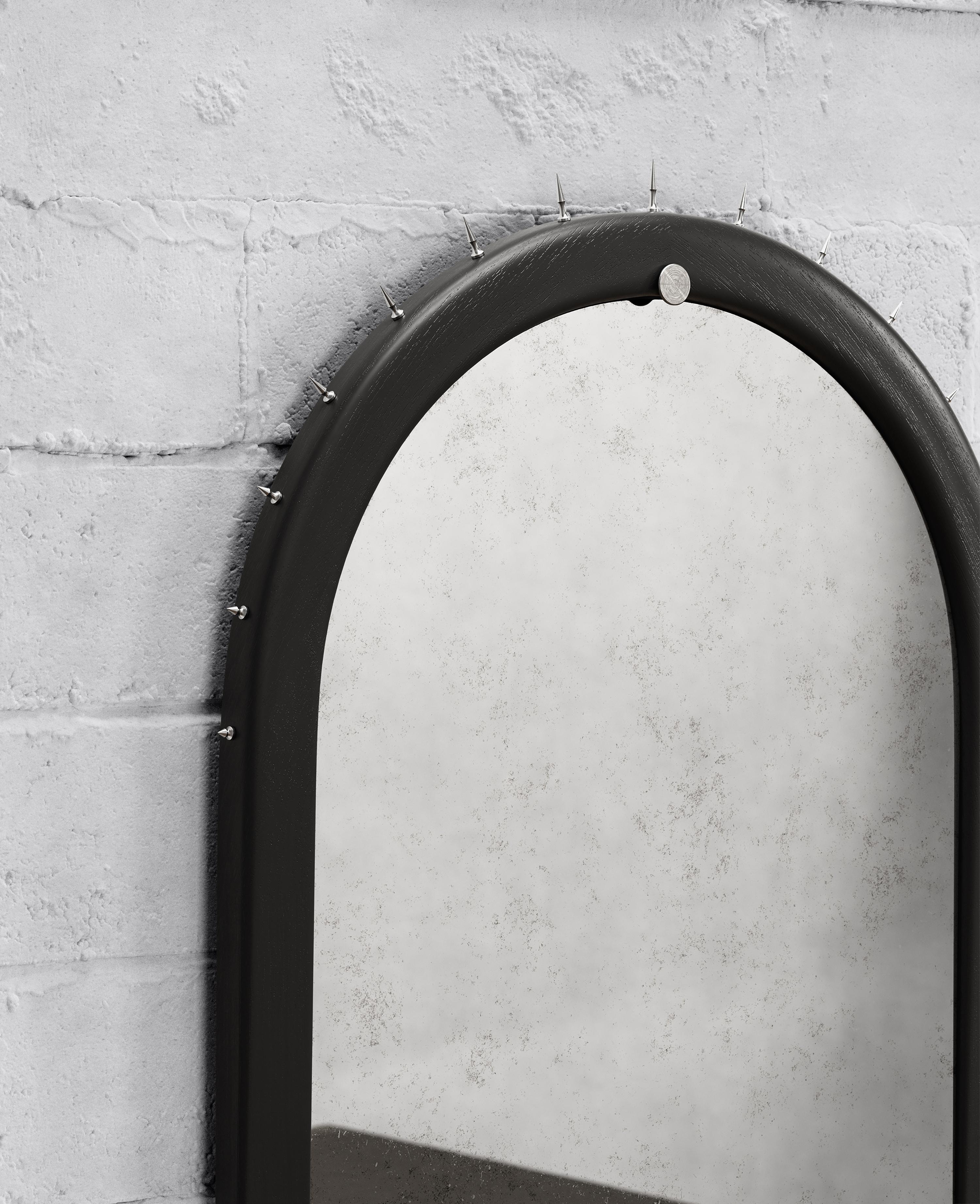 Hand-Crafted SITIERA_03 Wall Mirror in Solid Wood, Stainless Steel Accents and Aged Mirror For Sale