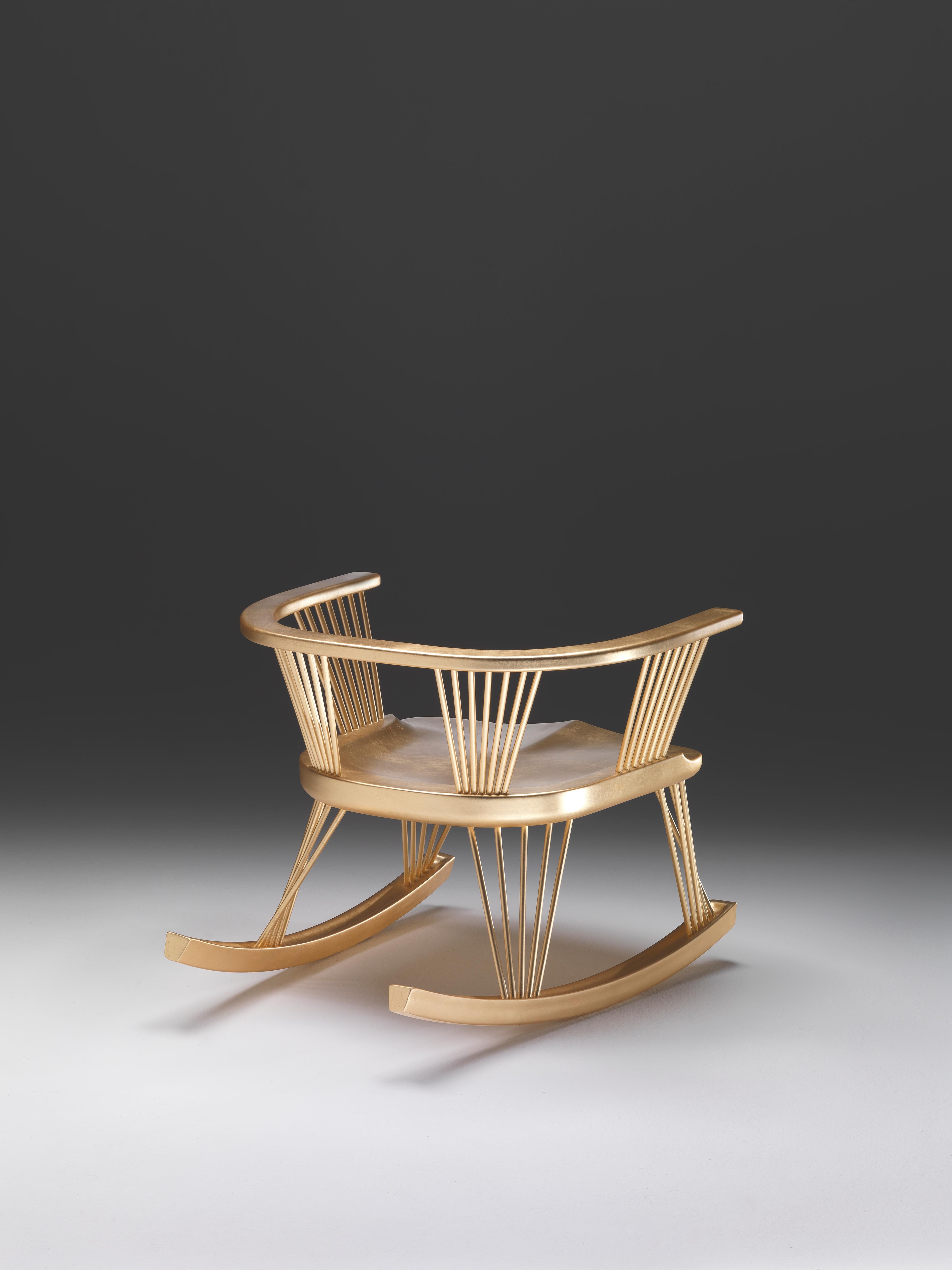 Hand-Crafted SITLALI Low Rocking Chair in Solid Wood and Thin Overlapping Road and Gold Leaf For Sale