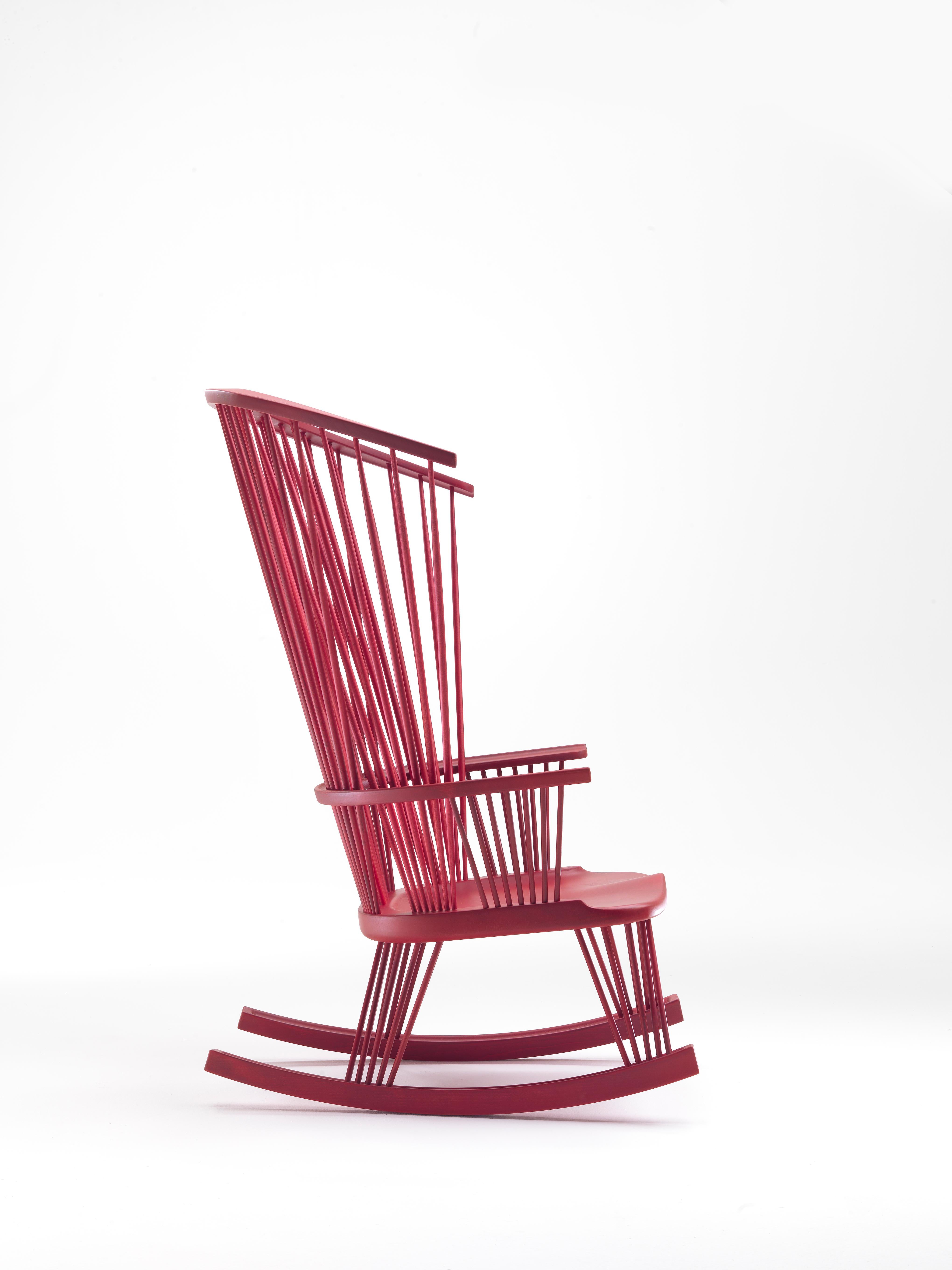 Lacquered SITLALI Fuchsia Pink Rocking Armchair in Solid Wood with Rods and Lacquering For Sale