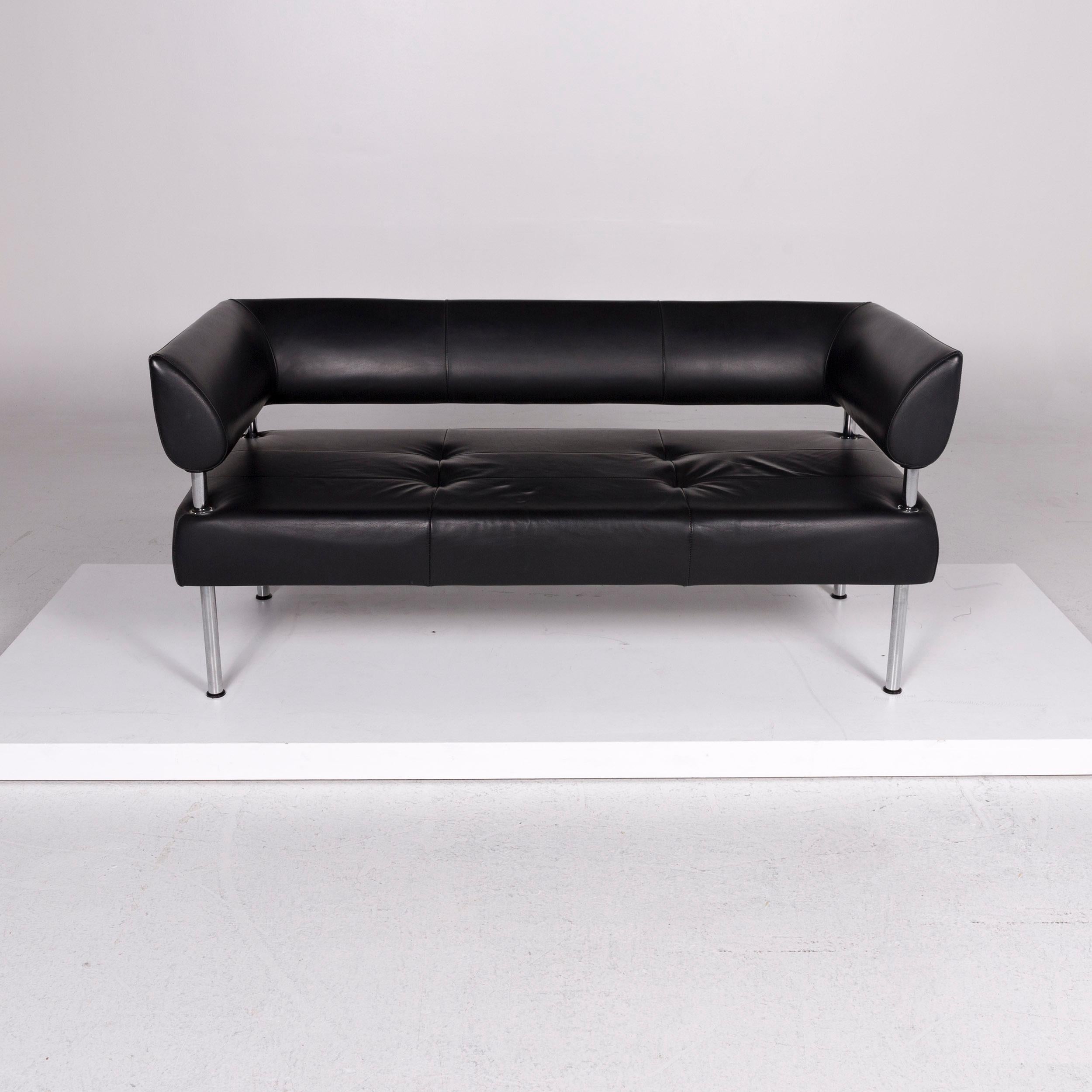 Contemporary Sitland Leather Sofa Black Three-Seat Couch For Sale