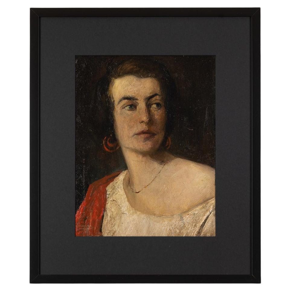 Sitta Portrait Oil on Hardboard Framed Women Black White Red For Sale