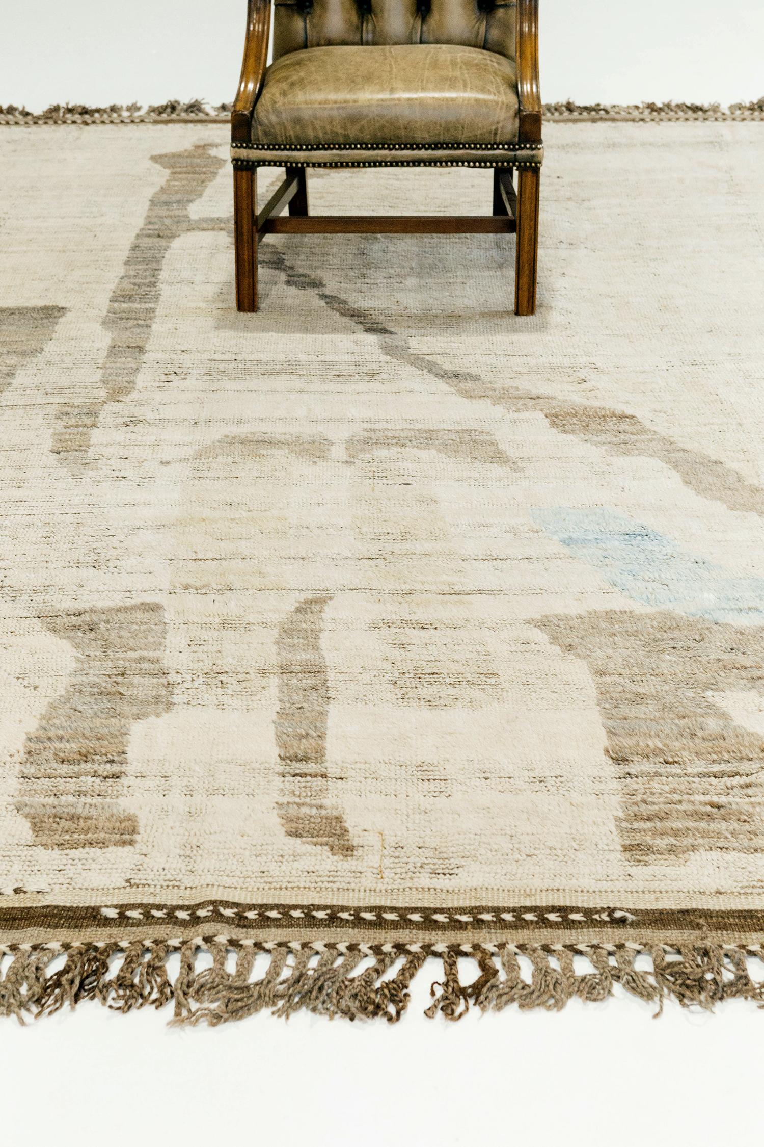 Sittima' is a natural earth toned pile weave and modern day interpretation of the Moroccan world. The rugs irregular shapes and strokes resemble the fibers of nature and their ability to be used for crafts such as cords and basketry. Designed in Los