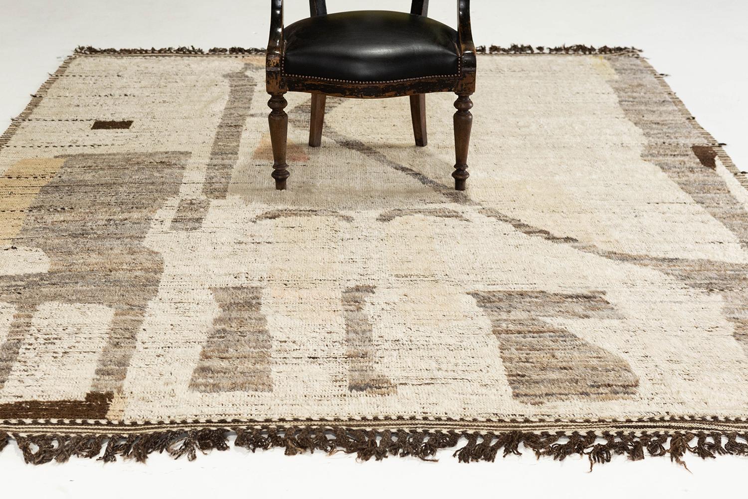 'Sittima' is a natural earth toned pile weave and modern day interpretation of the Moroccan world. The rugs irregular shapes and strokes resemble the fibers of nature and their ability to be used for crafts such as cords and basketry. Designed in