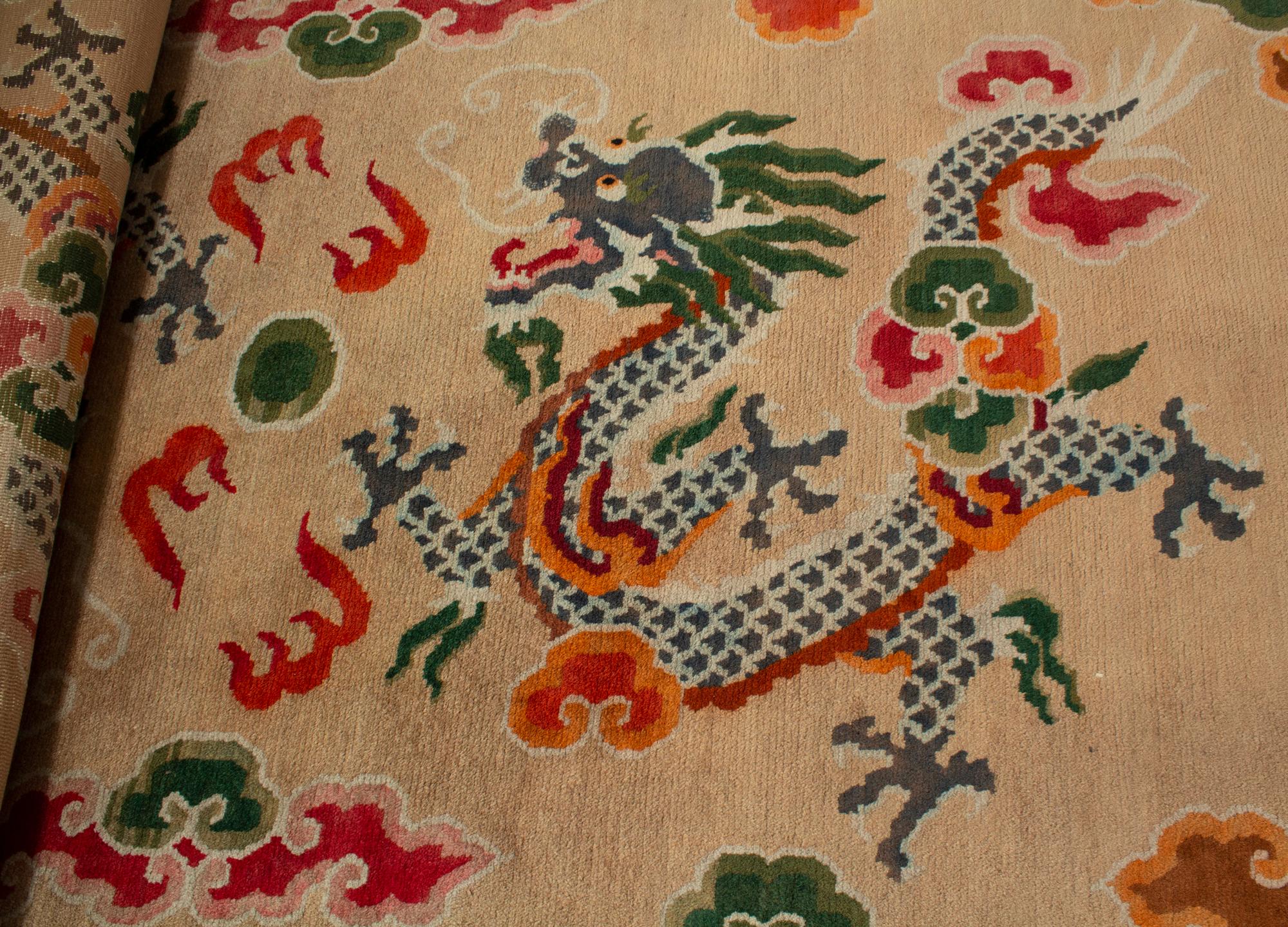 Asian Sitting and Sleeping Tibetan Khaden Rug with Dragon and Cloud Motifs in Wool