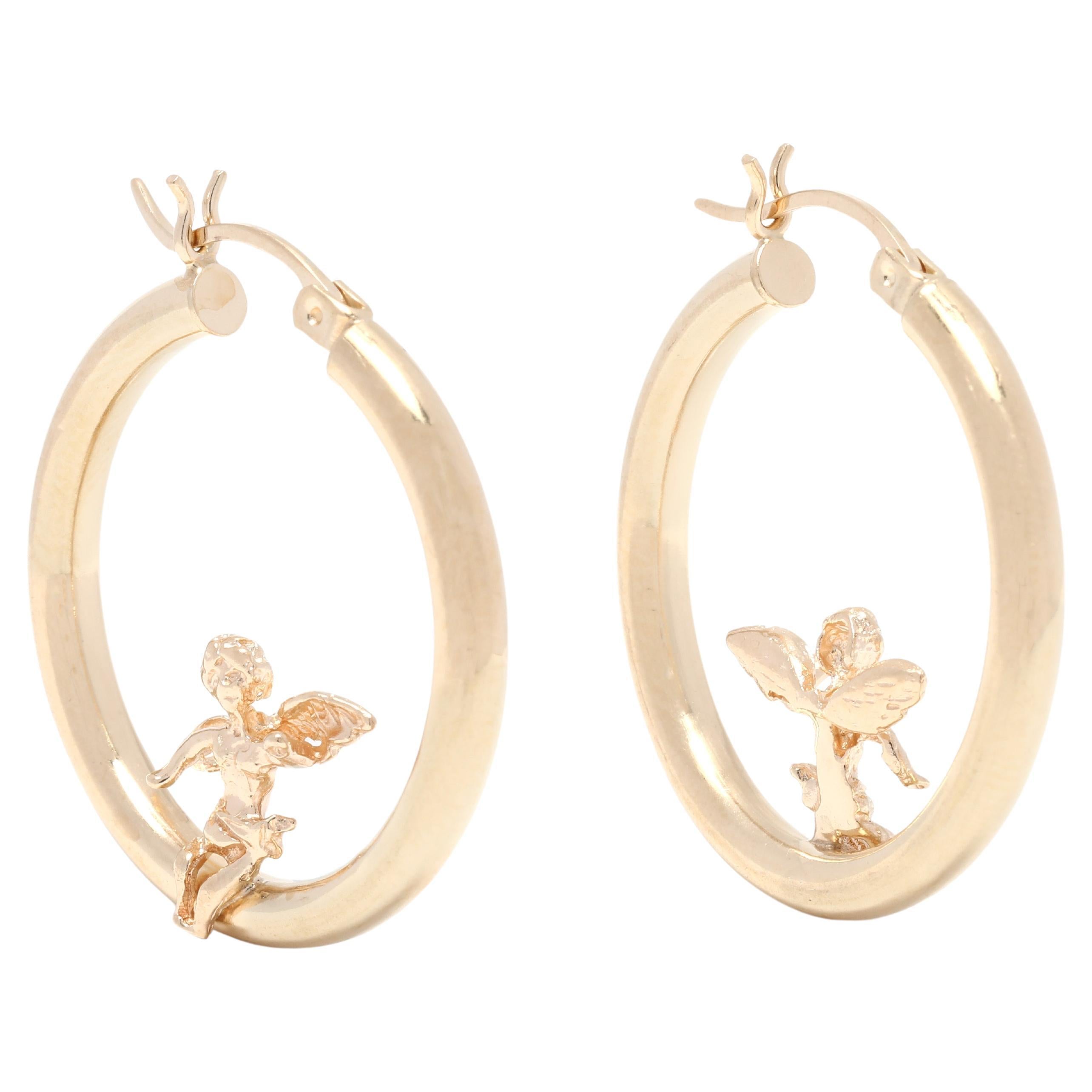 Sitting Angel Hoop Earrings, 14k Yellow Gold, Baby Angel Hoops