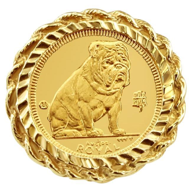 Sitting Bulldog Queen Elizabeth Coin Ring w/ Rope Bezel 14k Yellow Gold For Sale
