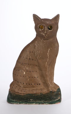 Sitting Cat Door Stop Painted Cast Iron Glass Eyes, American Folk Art