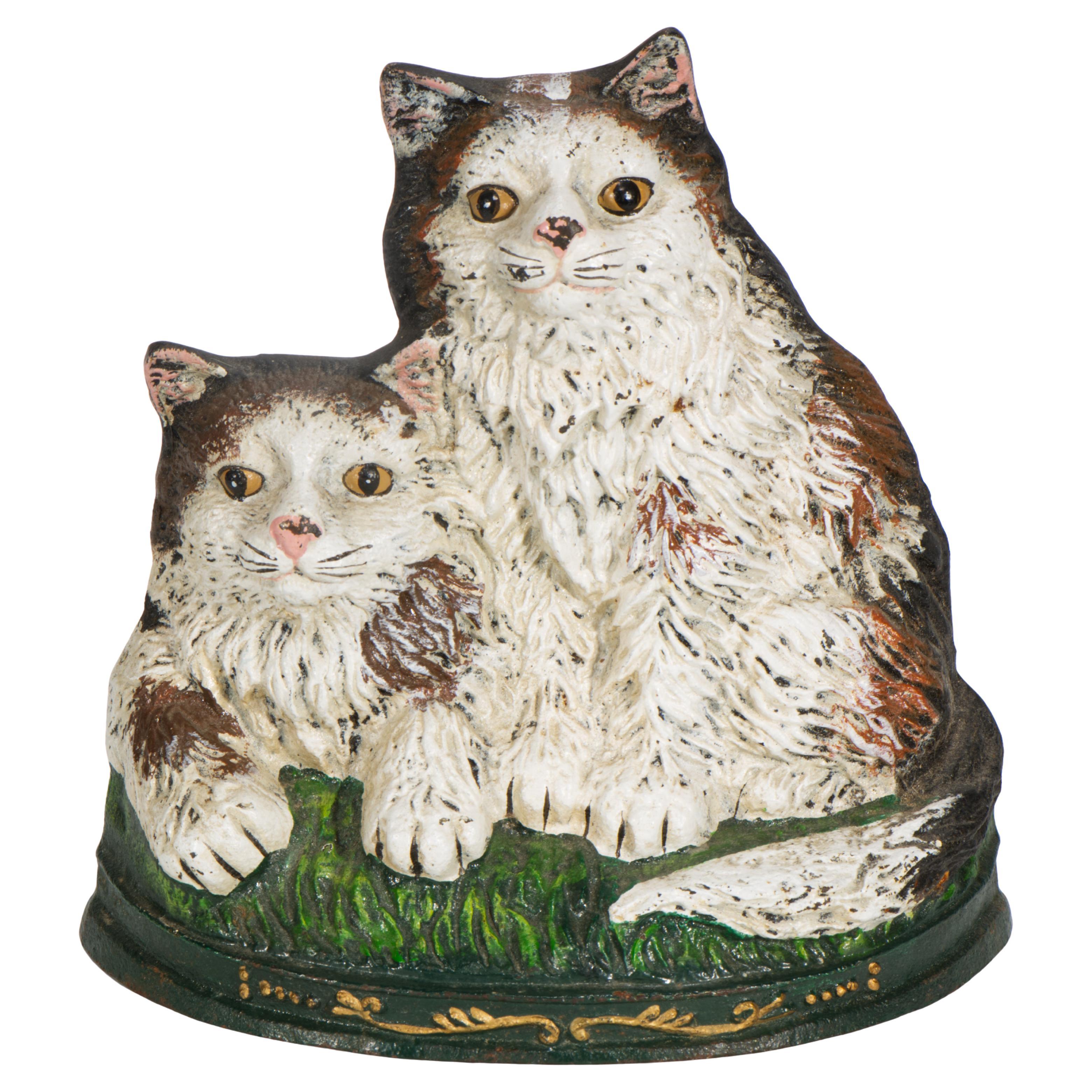 Sitting Cats Door Stop, Painted Cast Iron, American Folk Art