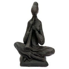 Sitting Female Playing Instrument in Painted Slate Casting Stone Sitting Female Playing Instrument in Painted Slate Casting Stone