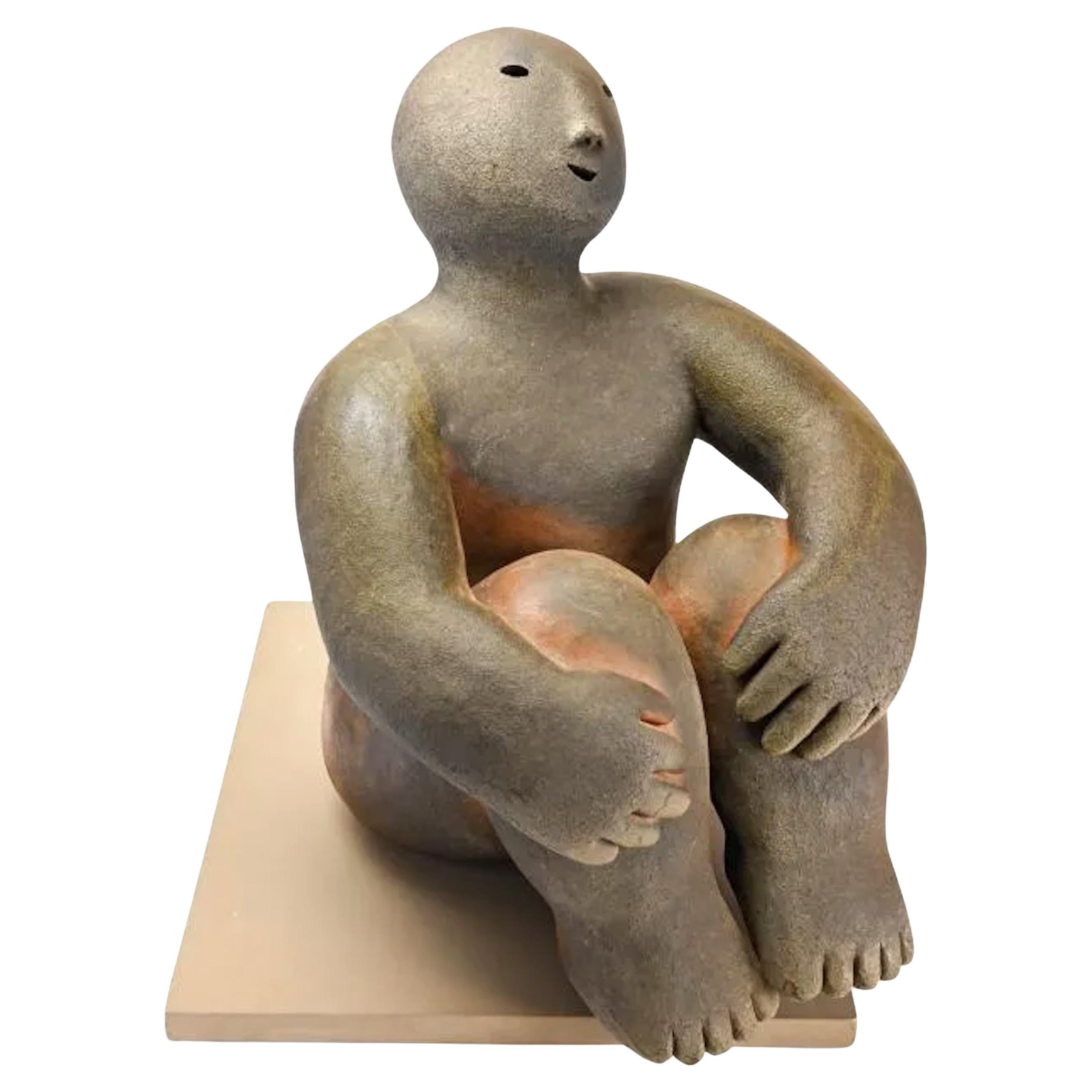 "Sitting Figure With Knees Up" Wood Fired Ceramic Sculpture by Joy Brown For Sale