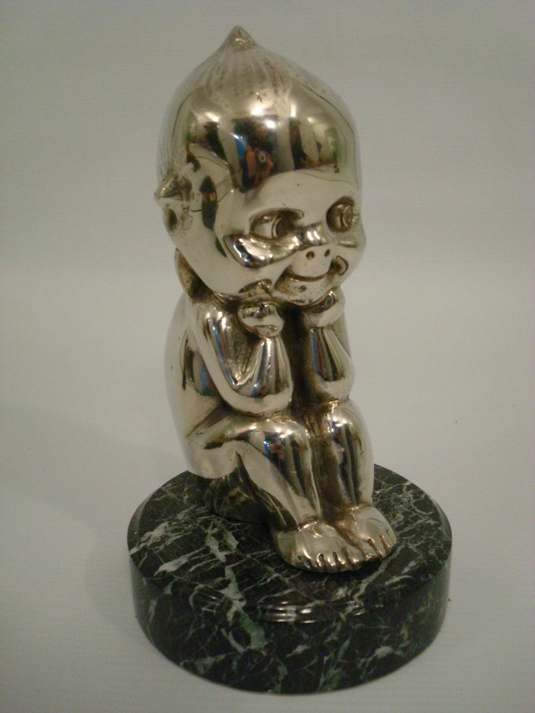 Sitting Kewpie or The Thinker, Silvered Bronze Car Mascot Hood Ornament