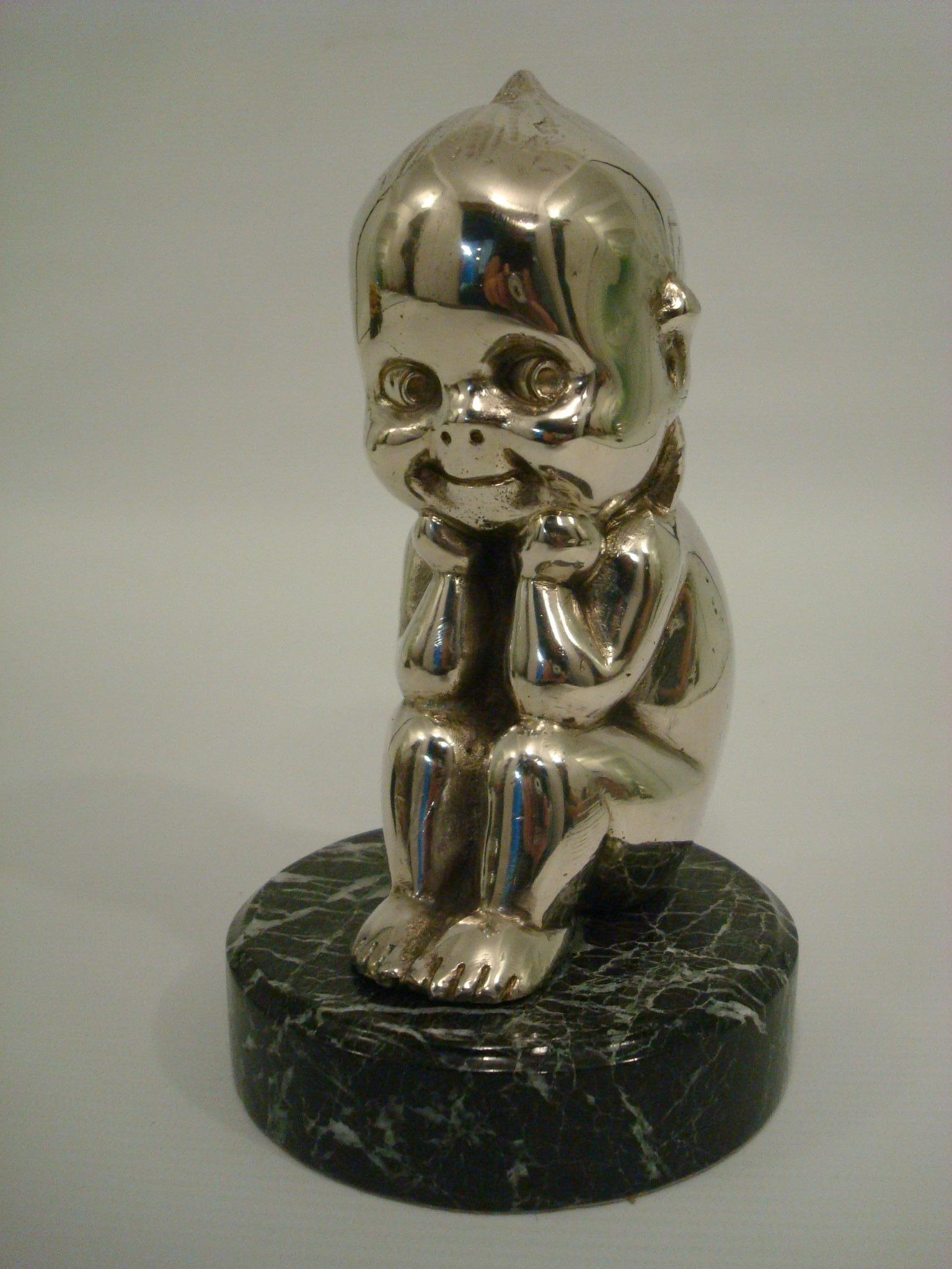 American Sitting Kewpie or The Thinker, Silvered Bronze Car Mascot Hood Ornament, 1910´s For Sale