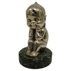 Sitting Kewpie or The Thinker, Silvered Bronze Car Mascot Hood Ornament, 1910´s