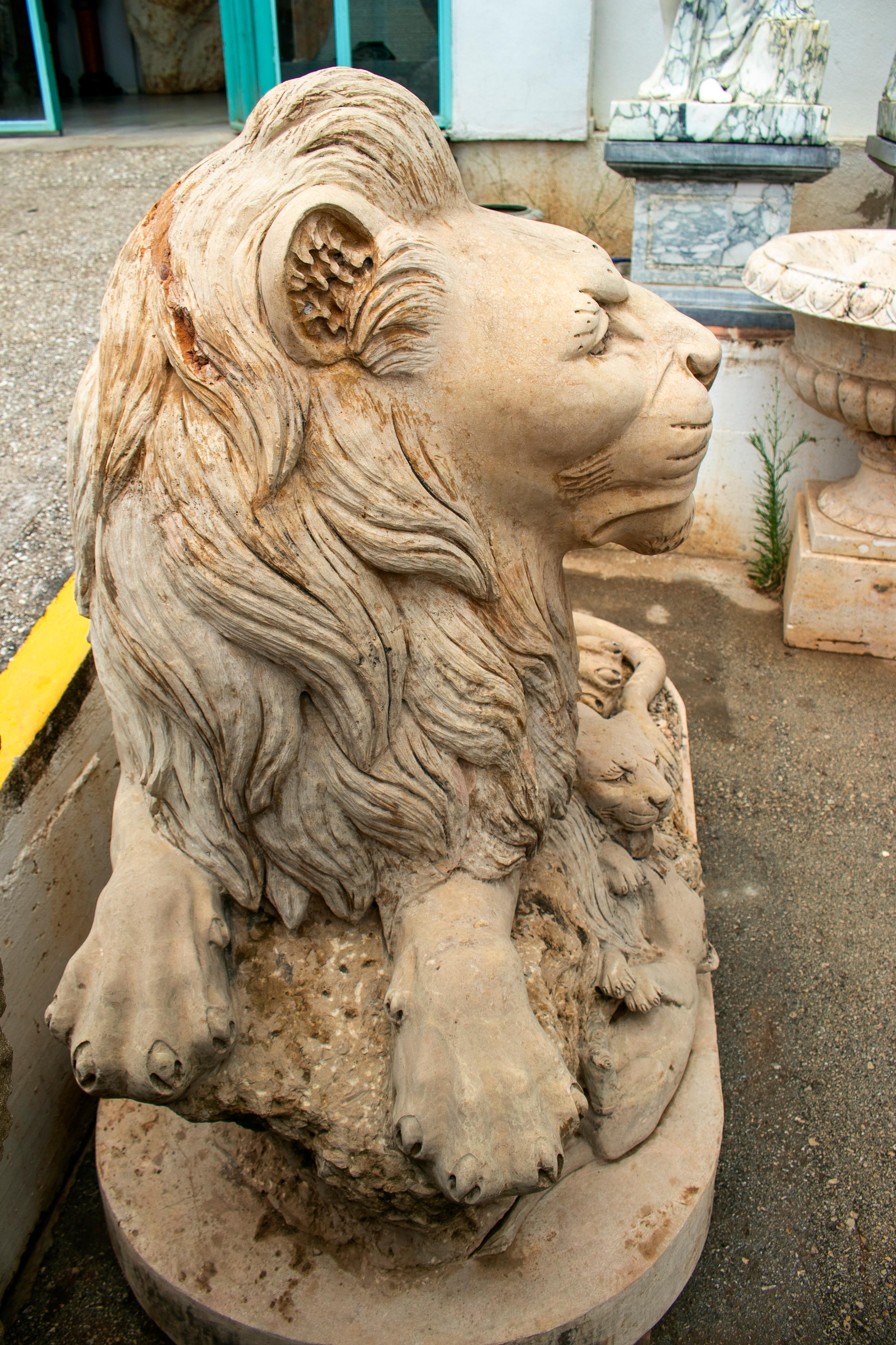 Hand-Carved Sitting Lion with Cubs Hand Carved Solid Limestone Marble Sculpture