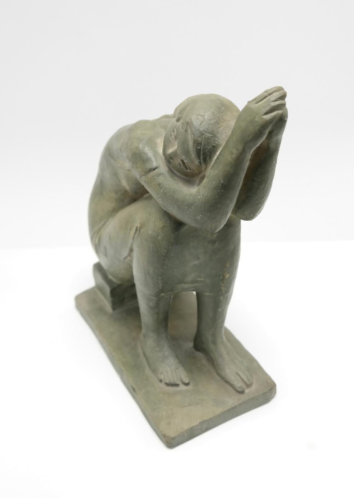 Modern Sitting Nude Olive Green Terracotta Sculpture by Marta Lesenyei, 1970s For Sale