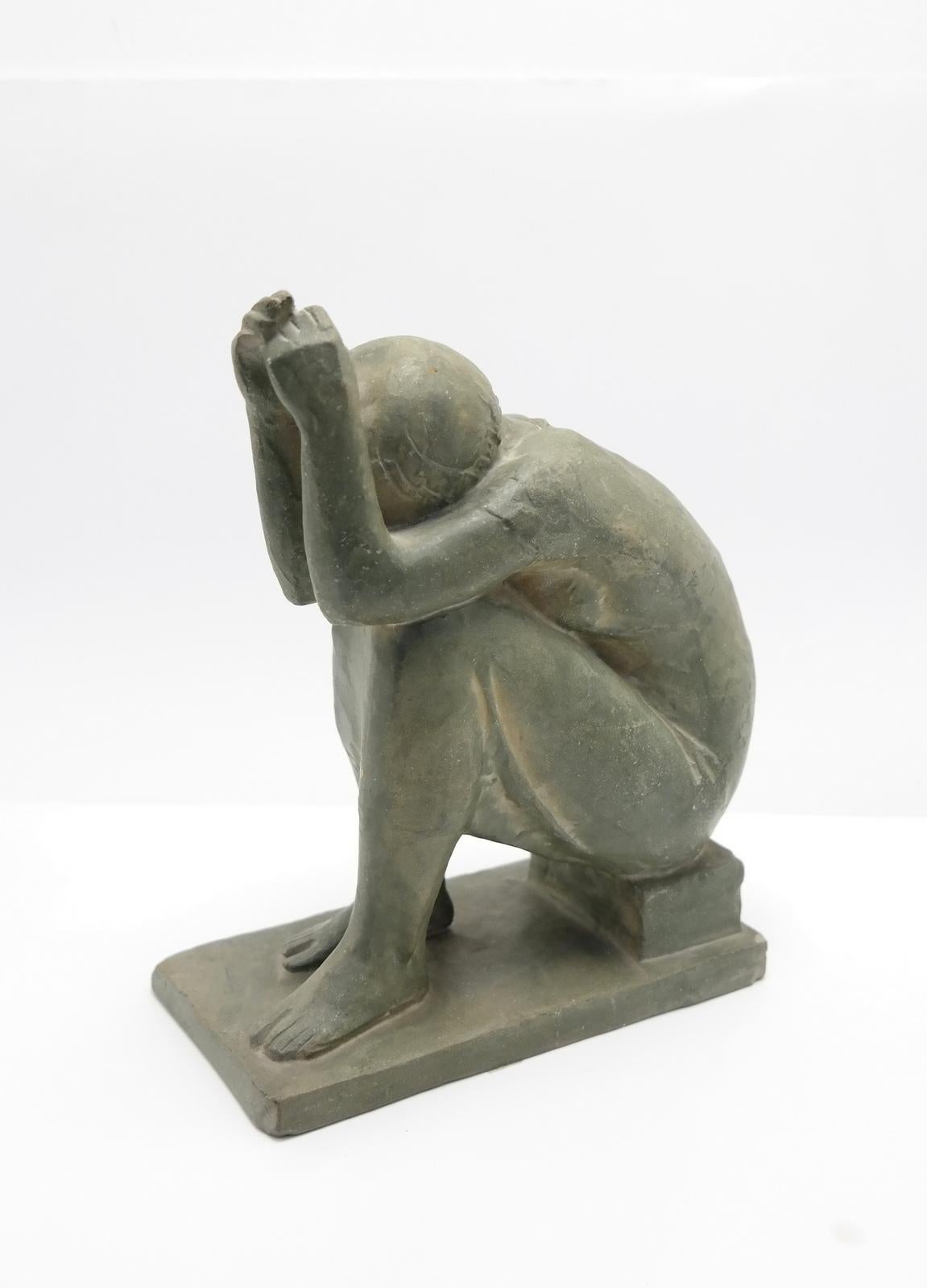 Sitting Nude Olive Green Terracotta Sculpture by Marta Lesenyei, 1970s In Good Condition For Sale In Budapest, HU