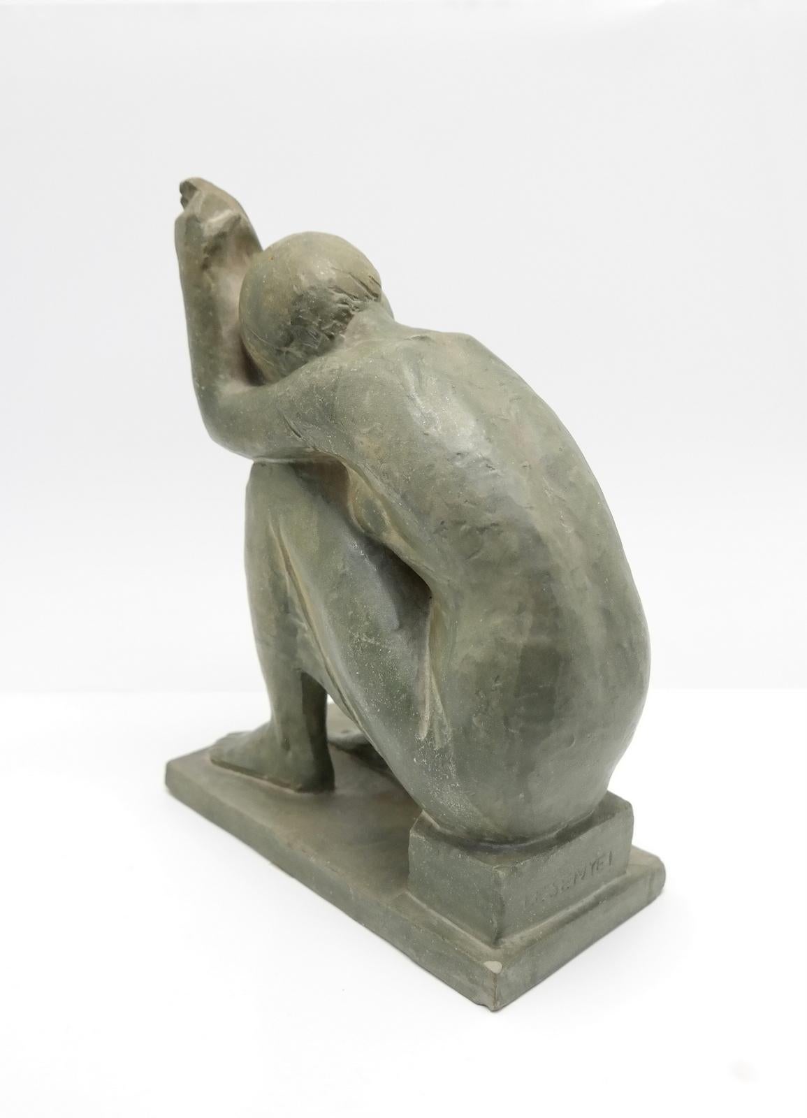 Late 20th Century Sitting Nude Olive Green Terracotta Sculpture by Marta Lesenyei, 1970s For Sale