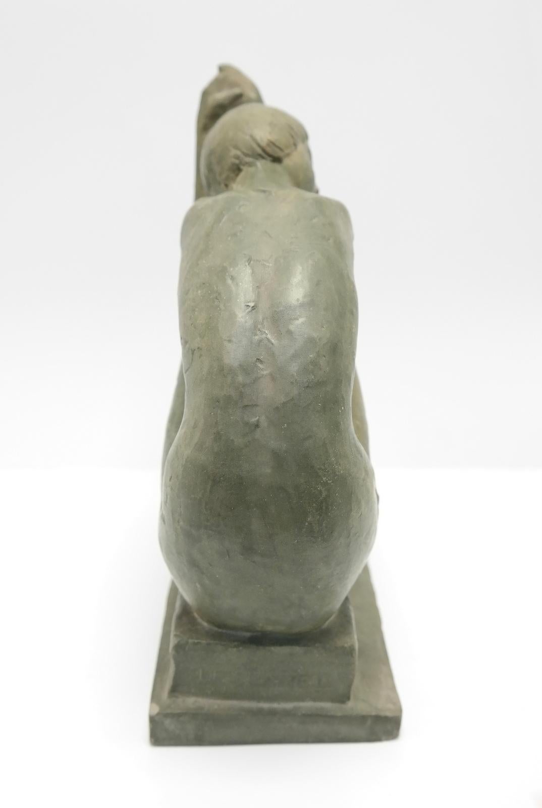 Sitting Nude Olive Green Terracotta Sculpture by Marta Lesenyei, 1970s For Sale 1