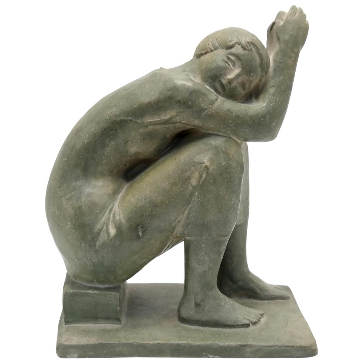 Sitting Nude Olive Green Terracotta Sculpture by Marta Lesenyei, 1970s For Sale