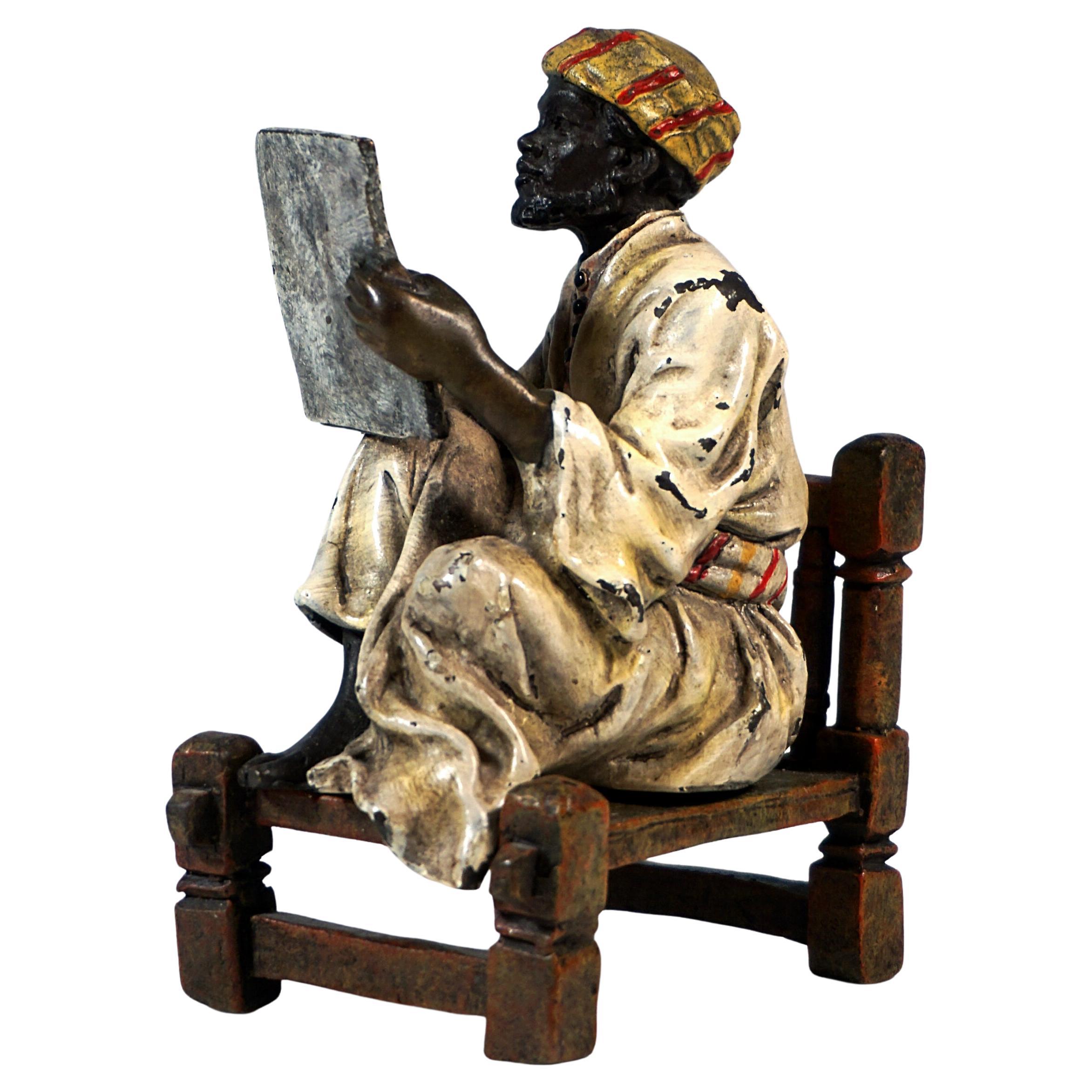 Sitting Oriental Scholar Writing, Viennese Bronze by Bergmann, Around 1920