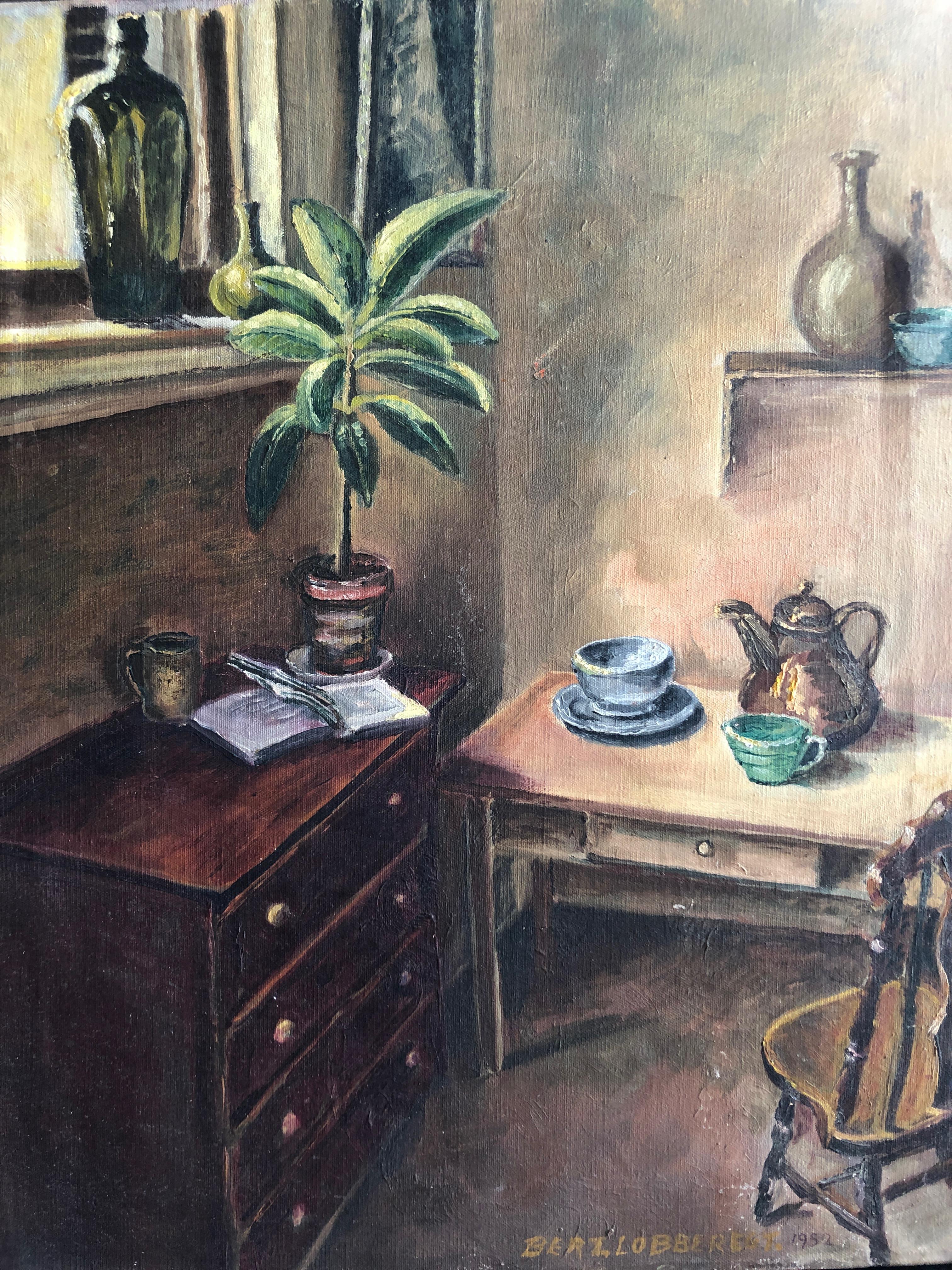 This is lovely sitting room still life oil on canvas signed on the bottom front 