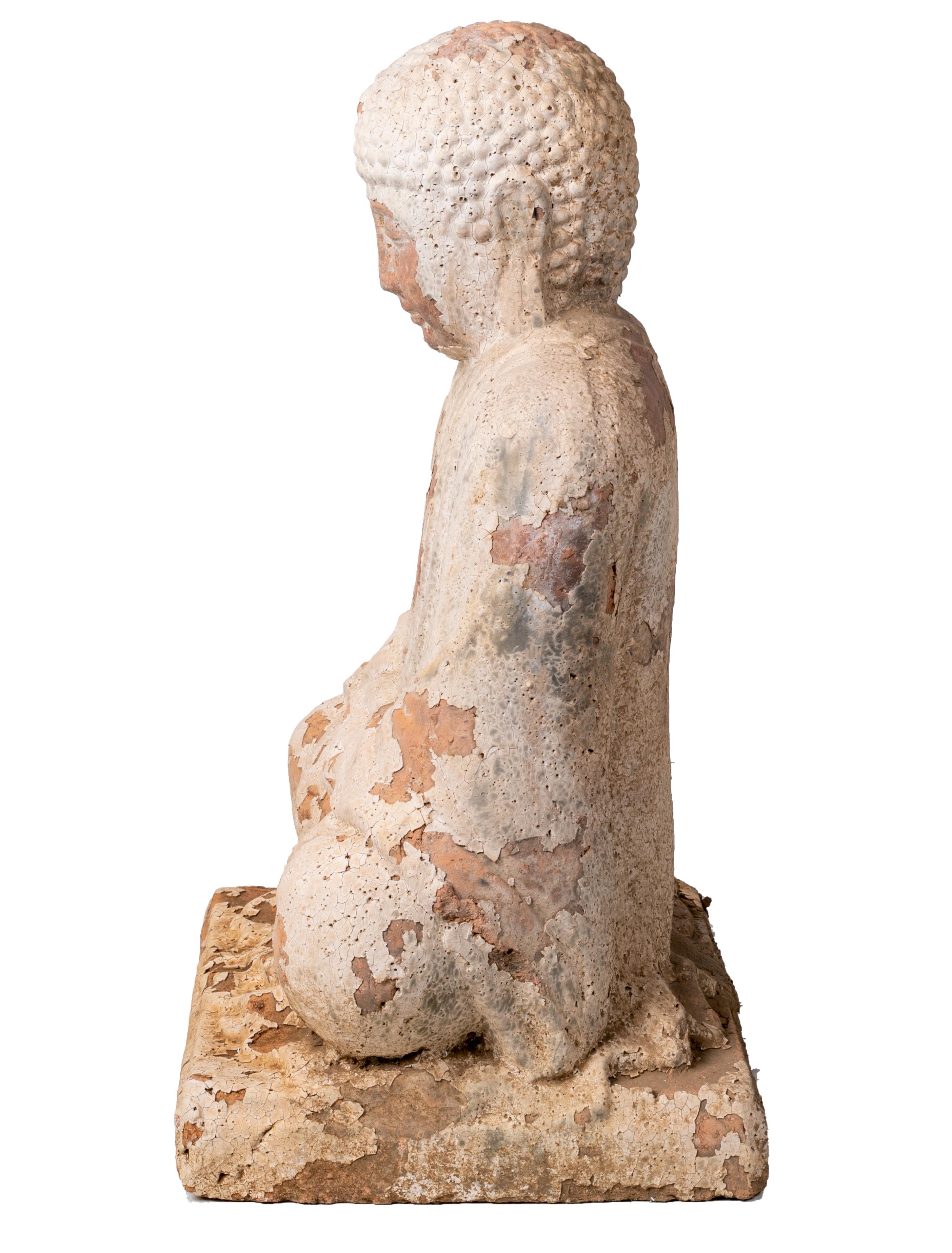 French Sitting Terracotta Buddha Sculpture with White Antique Finish