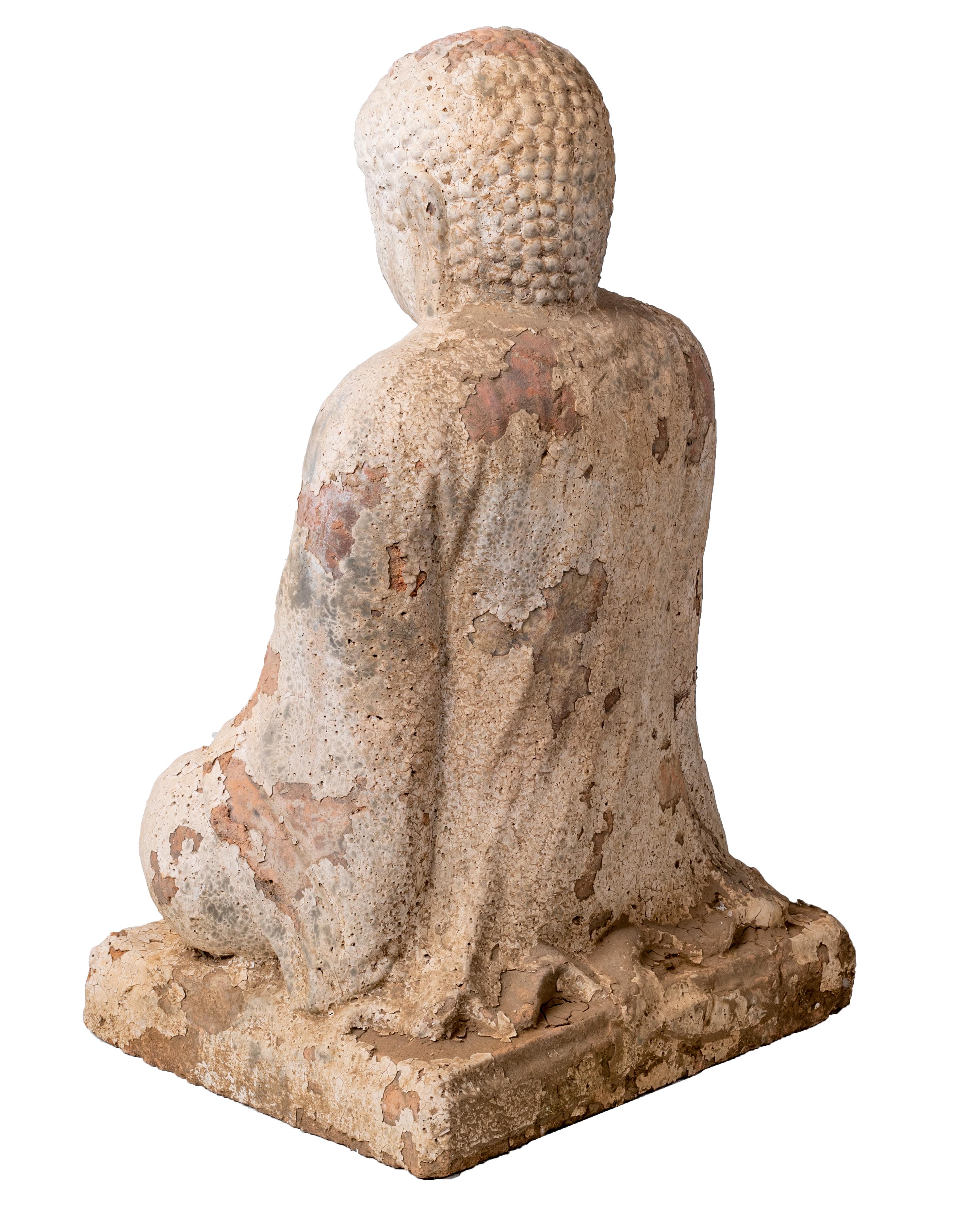 Sitting Terracotta Buddha Sculpture with White Antique Finish In Good Condition In Marbella, ES