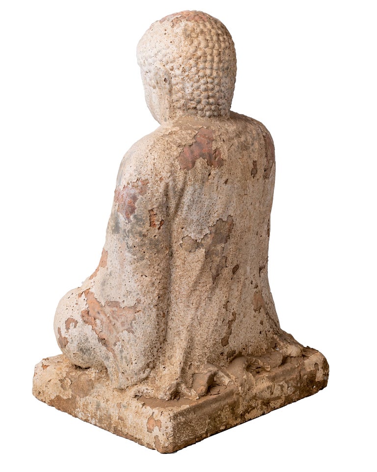 Sitting Terracotta Buddha Sculpture with White Antique Finish For Sale